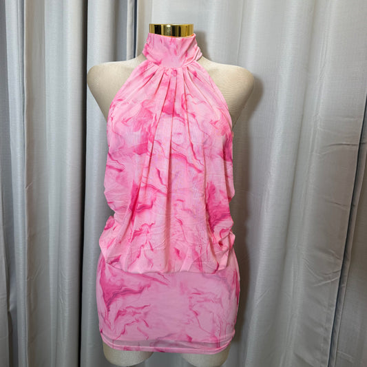 Halter Blouson Bodycon Mini Dress-Pink