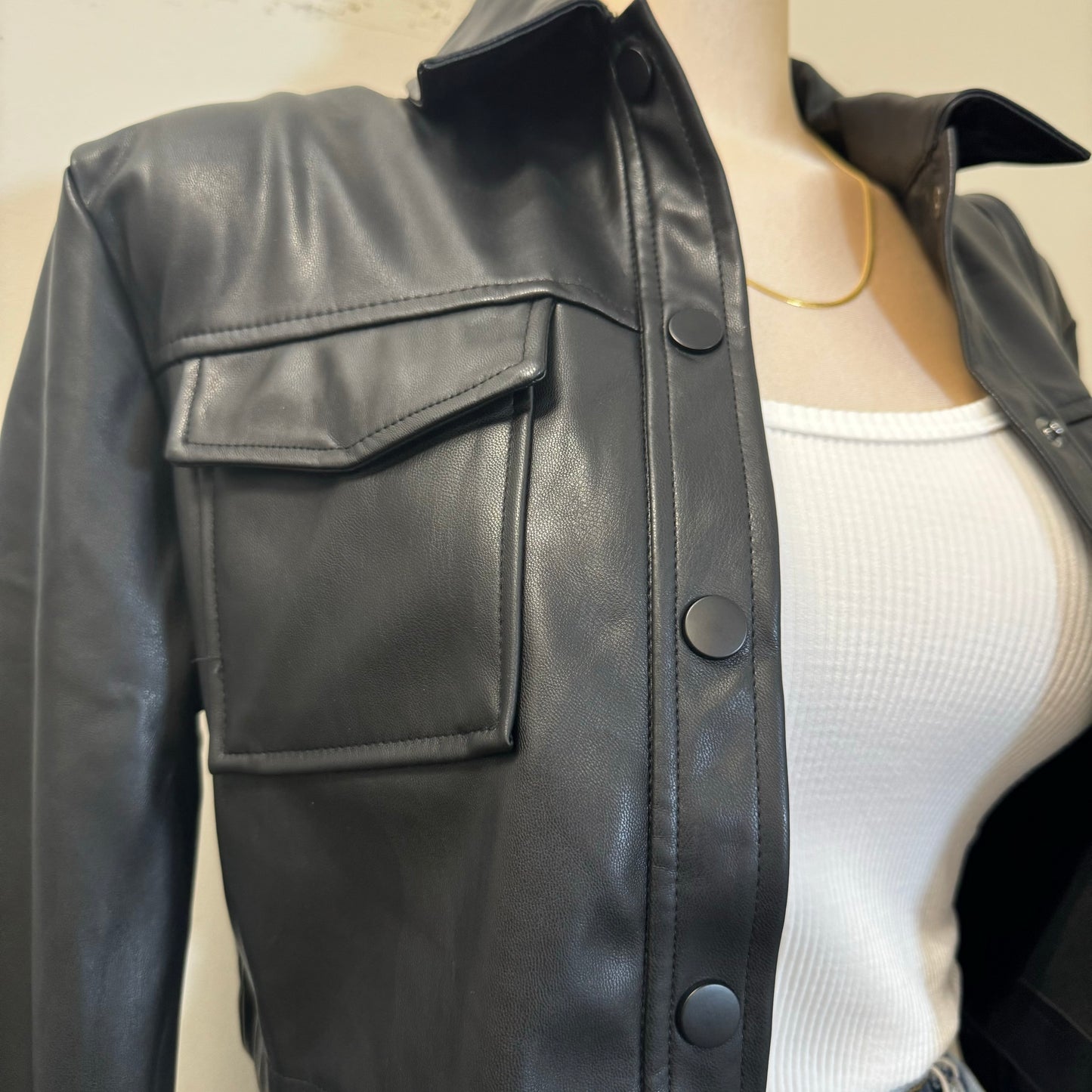 Lulu PU Leather Cropped Jacket-Black