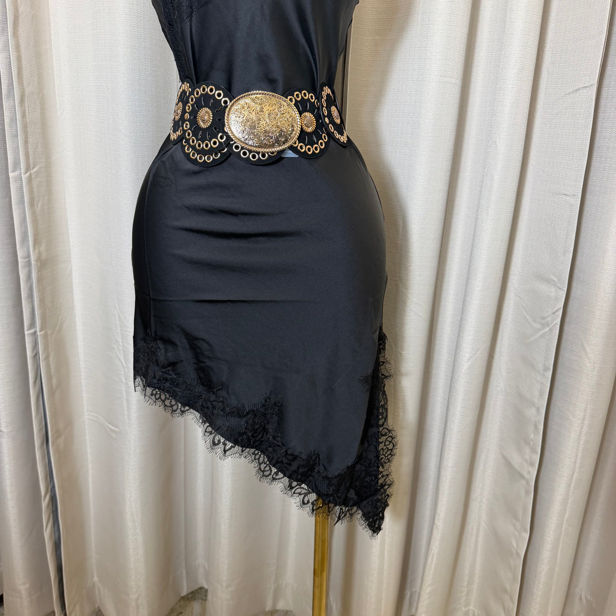 Satin Asymmetrical Lace detail Dress-black