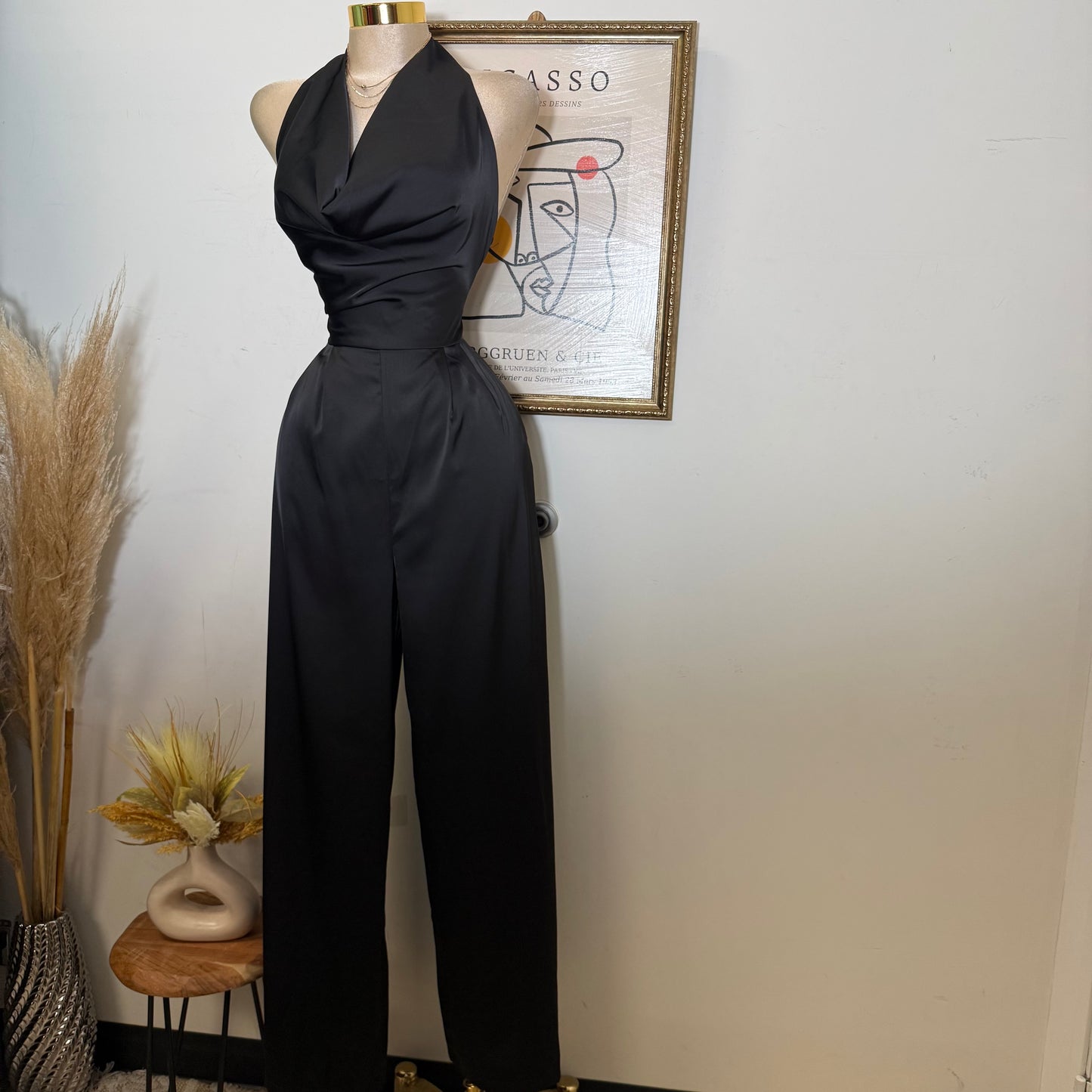 Cowl Halter Neck Wide Leg Jumpsuit-Black