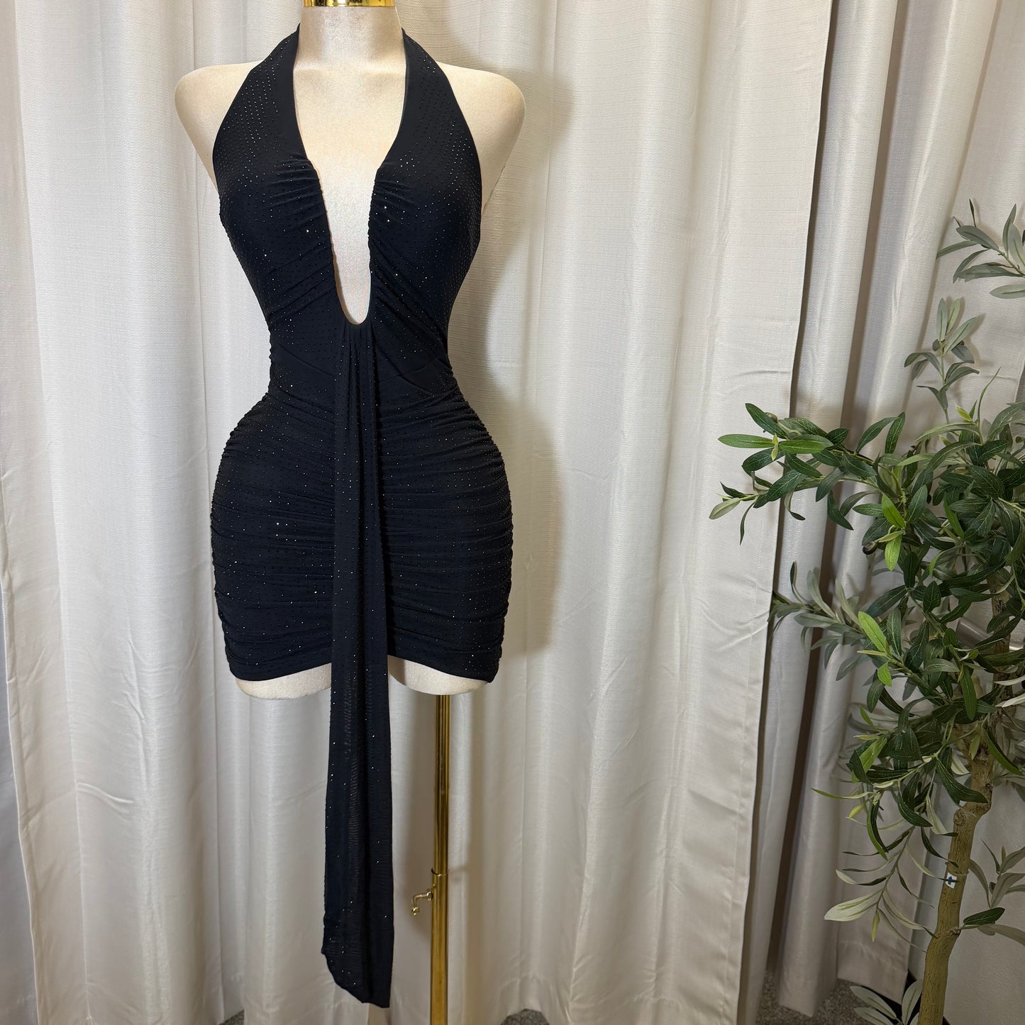 EMBELLISHED MESH COWL NECK MINI DRESS-Black