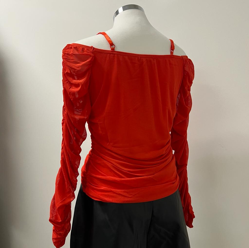 Sol Off Shoulder Sheer Mesh Ruched Top- Red