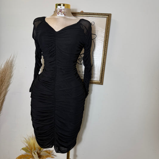 Ruched Off Shoulder Mesh Dress-Black