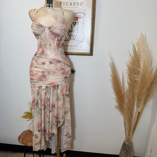 Ruched Asymmetric Corset Gown in Floral Mesh Print-Peachy /Nude