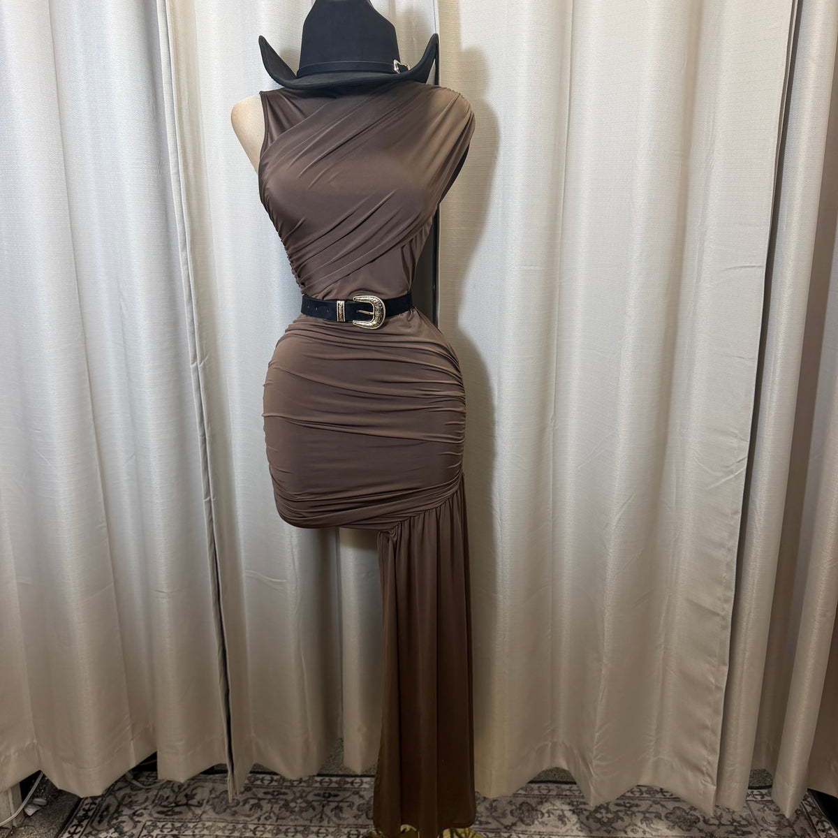 Asymmetric Wrap Dress-Mocha