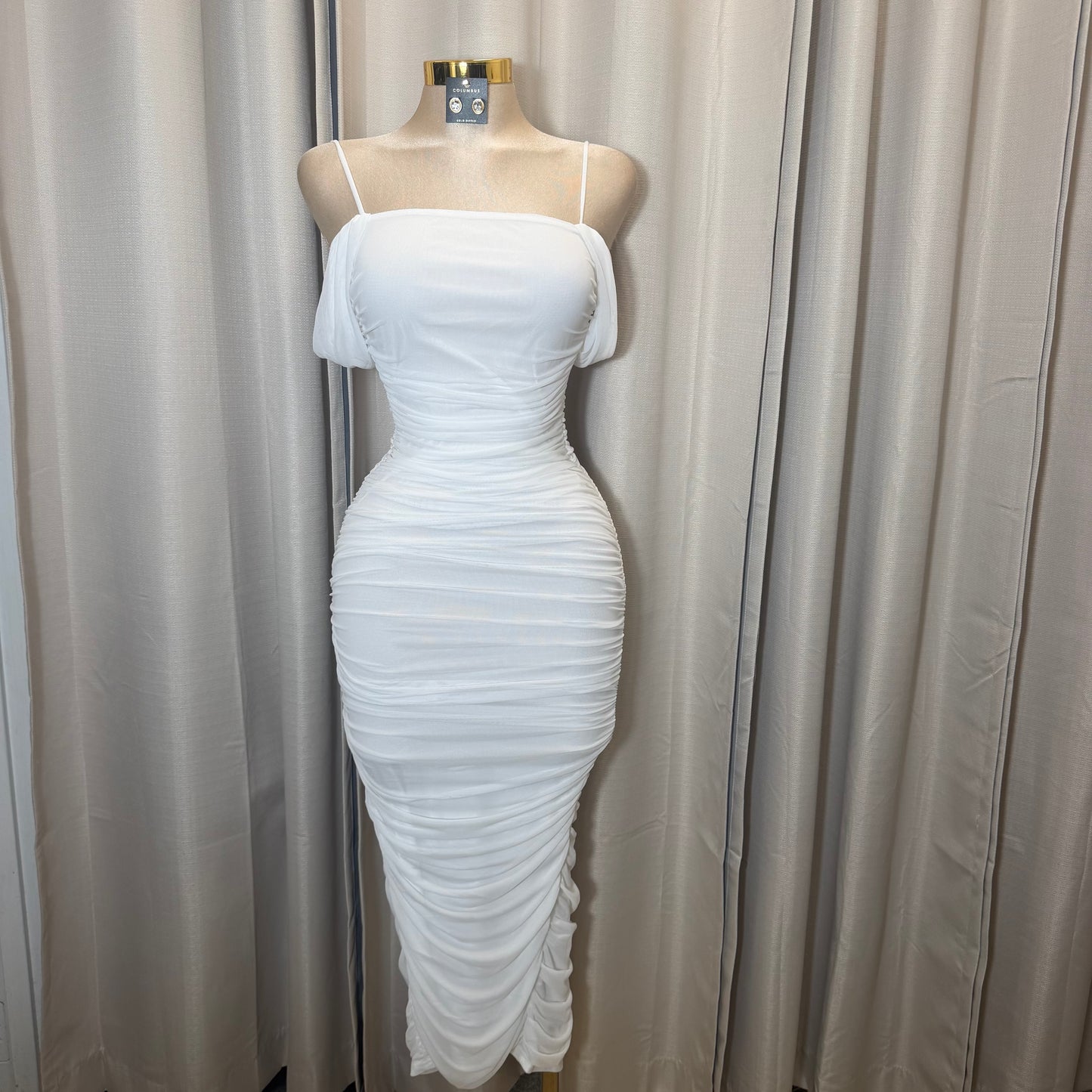 Mesh off shoulder Midi Dress-Ivory/White/Cream