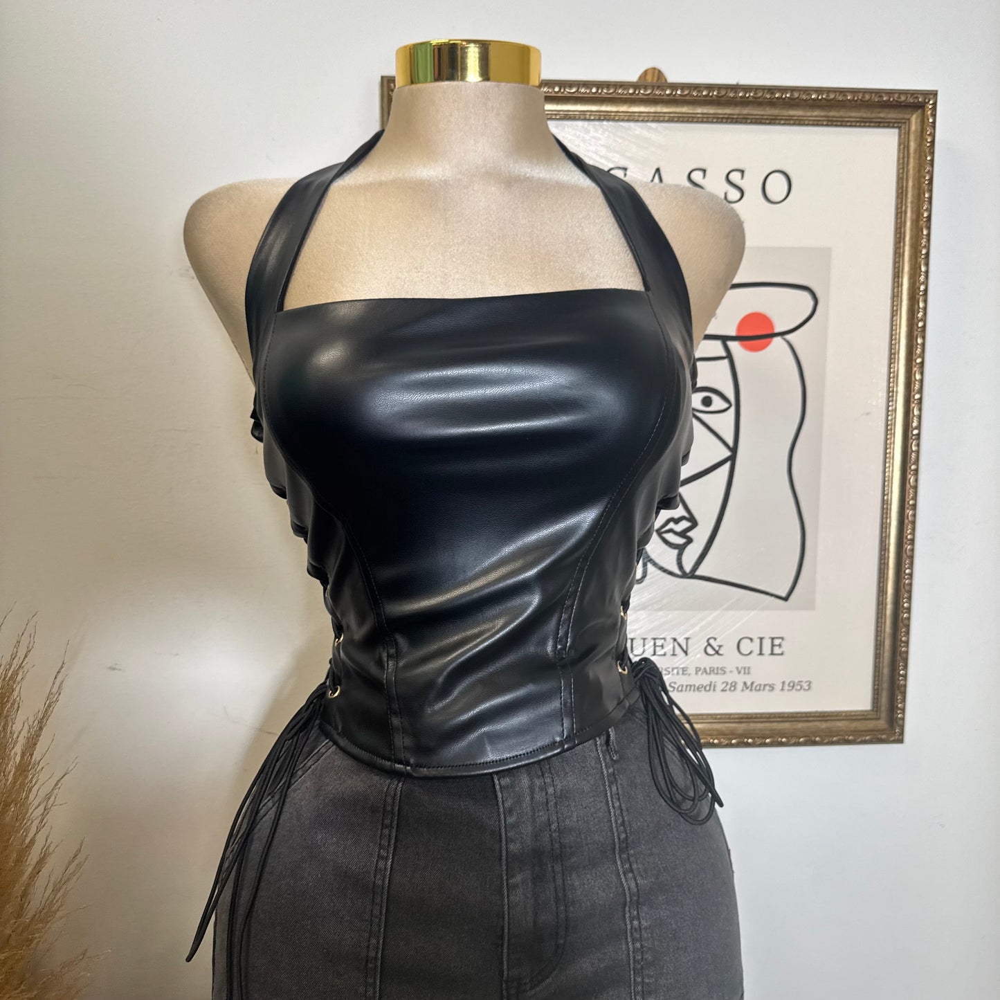 Eyelet Side Detail Halter Neck Corset Top-Black