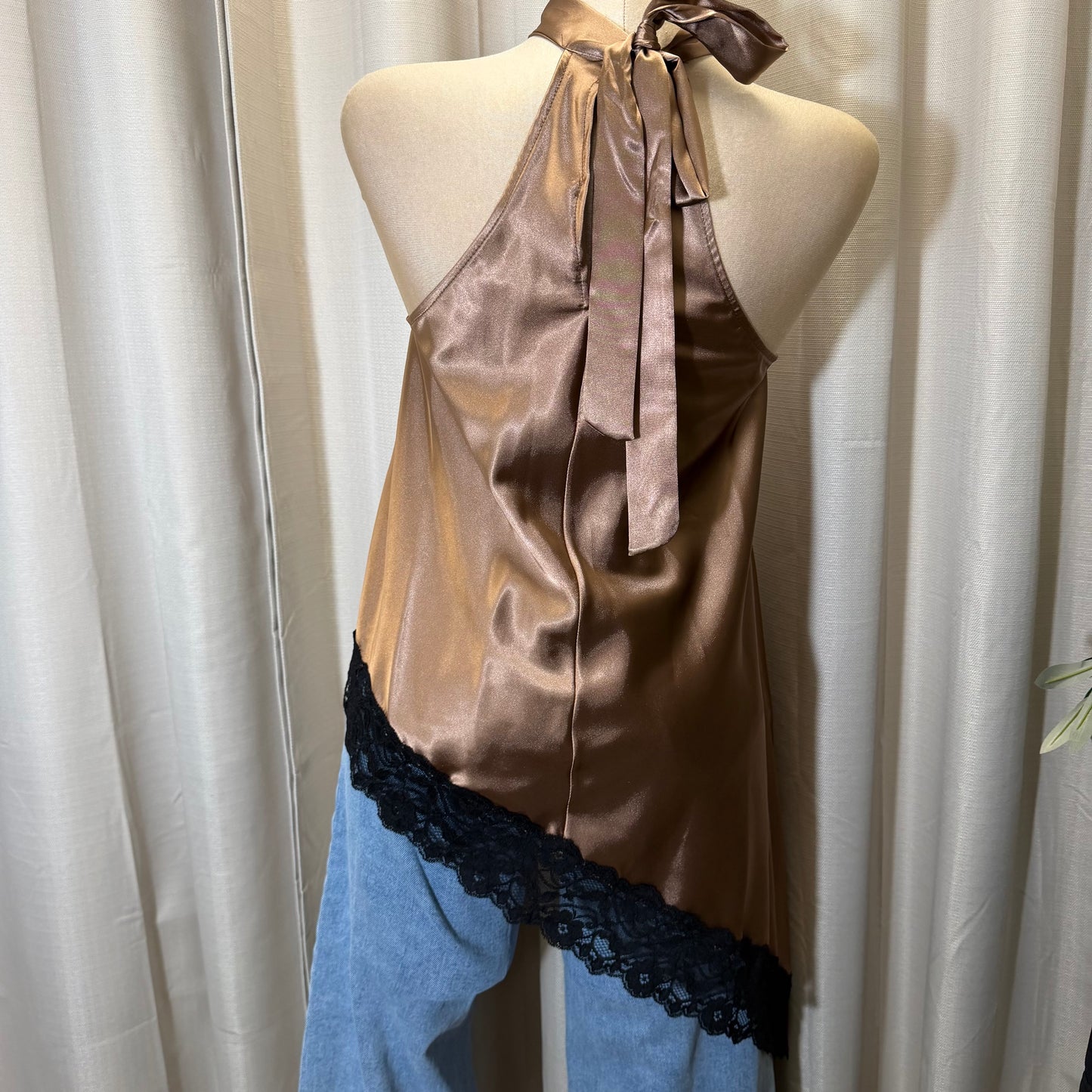 Satin Lace Asymmetrical Top-Brown with Black