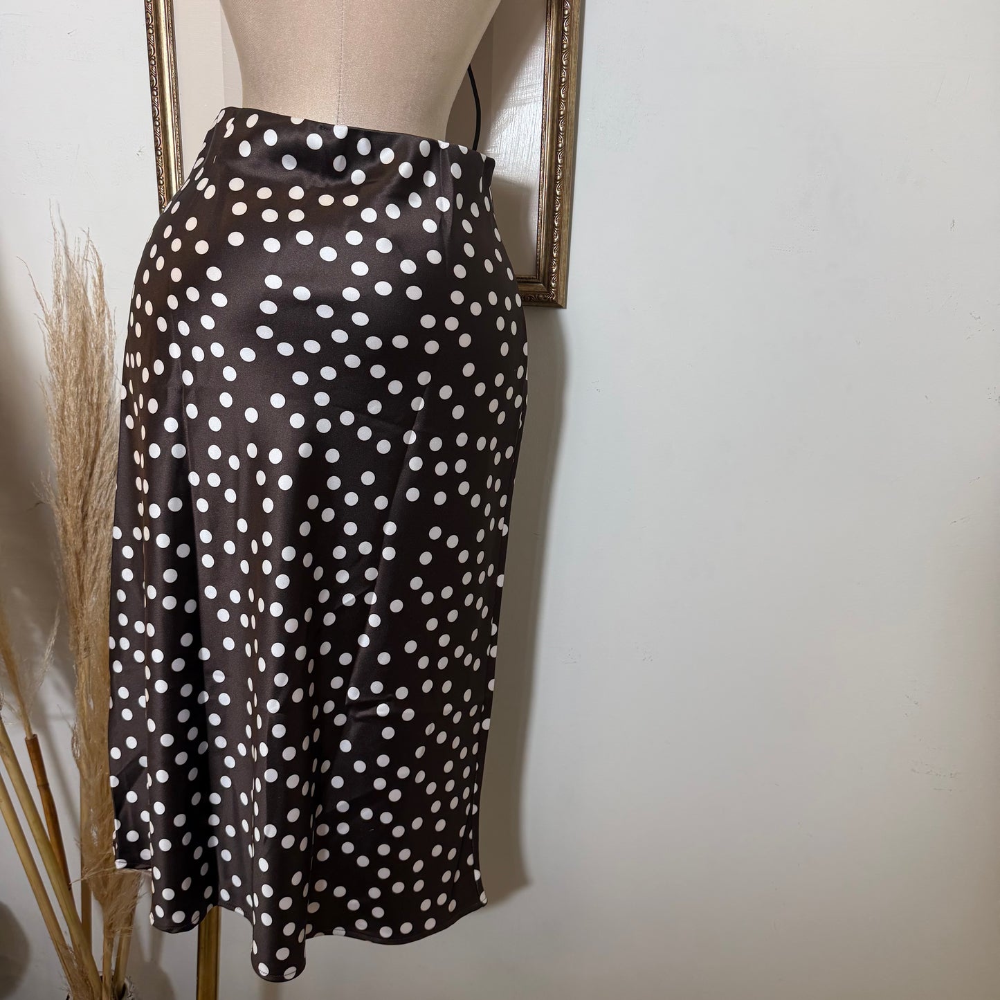 Polka Dot Print Satin Midi Skirt-brown