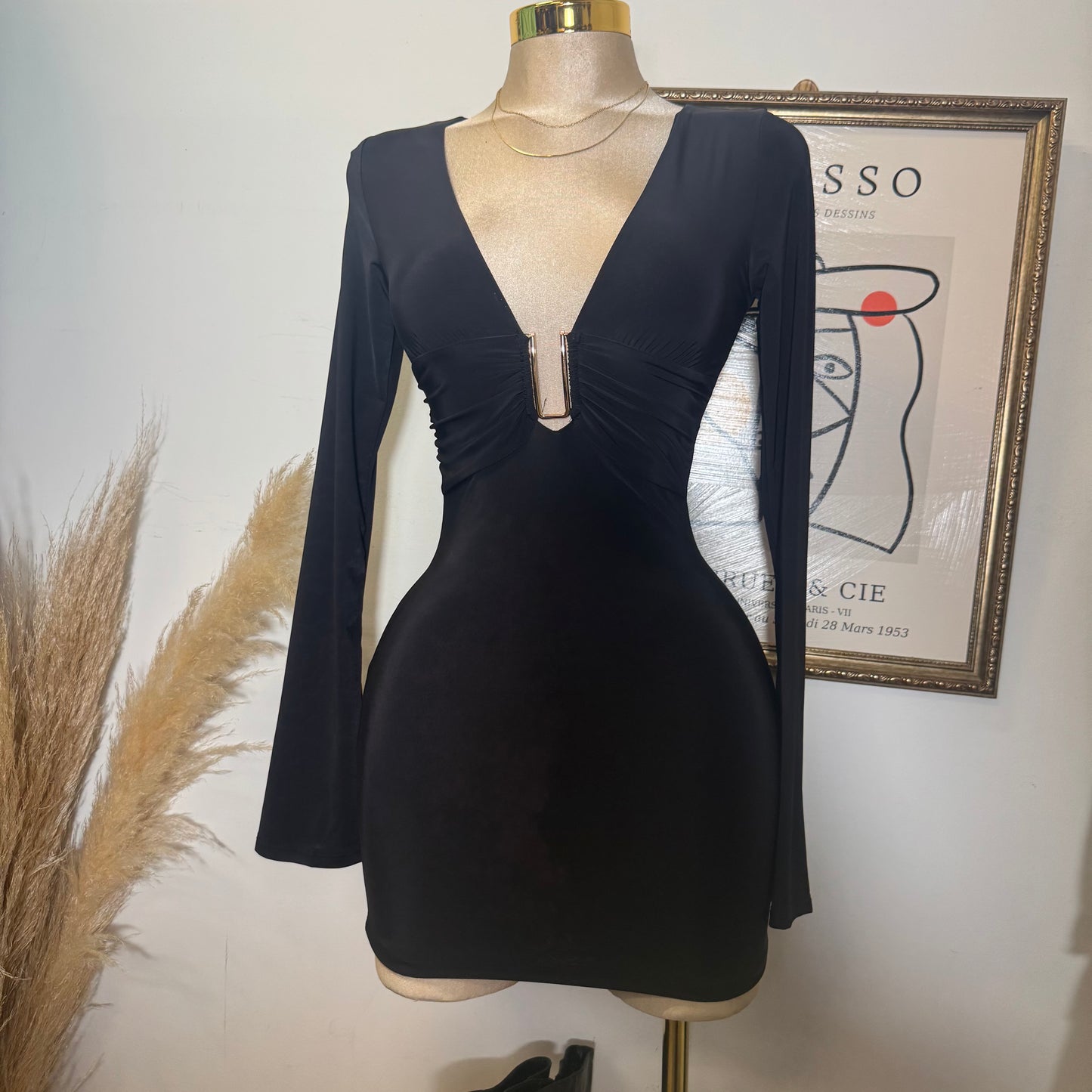 Long Sleeve Plunging Mini Dress-Black