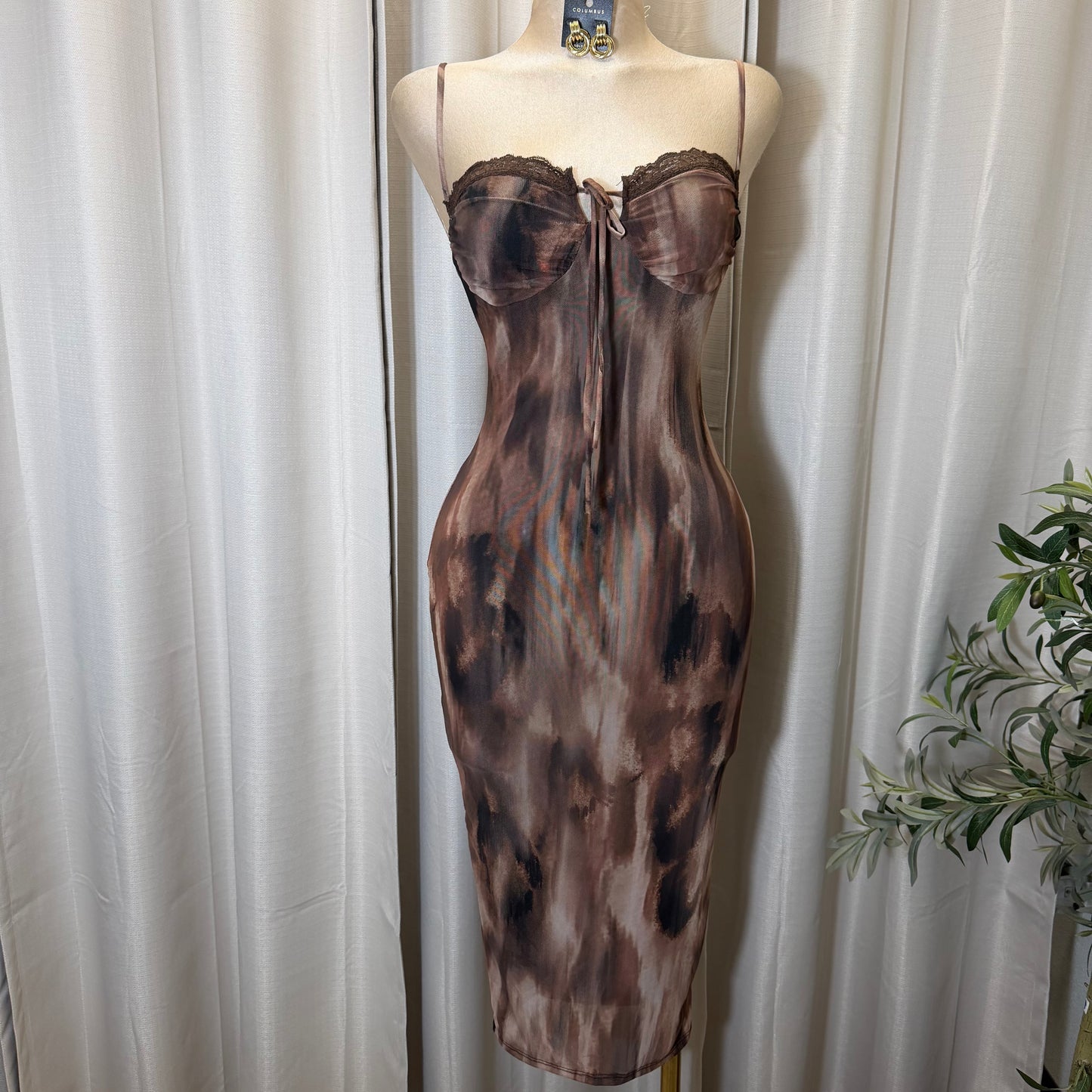 Spaghetti Multi Colored Mesh Midi Dress-brown Multi