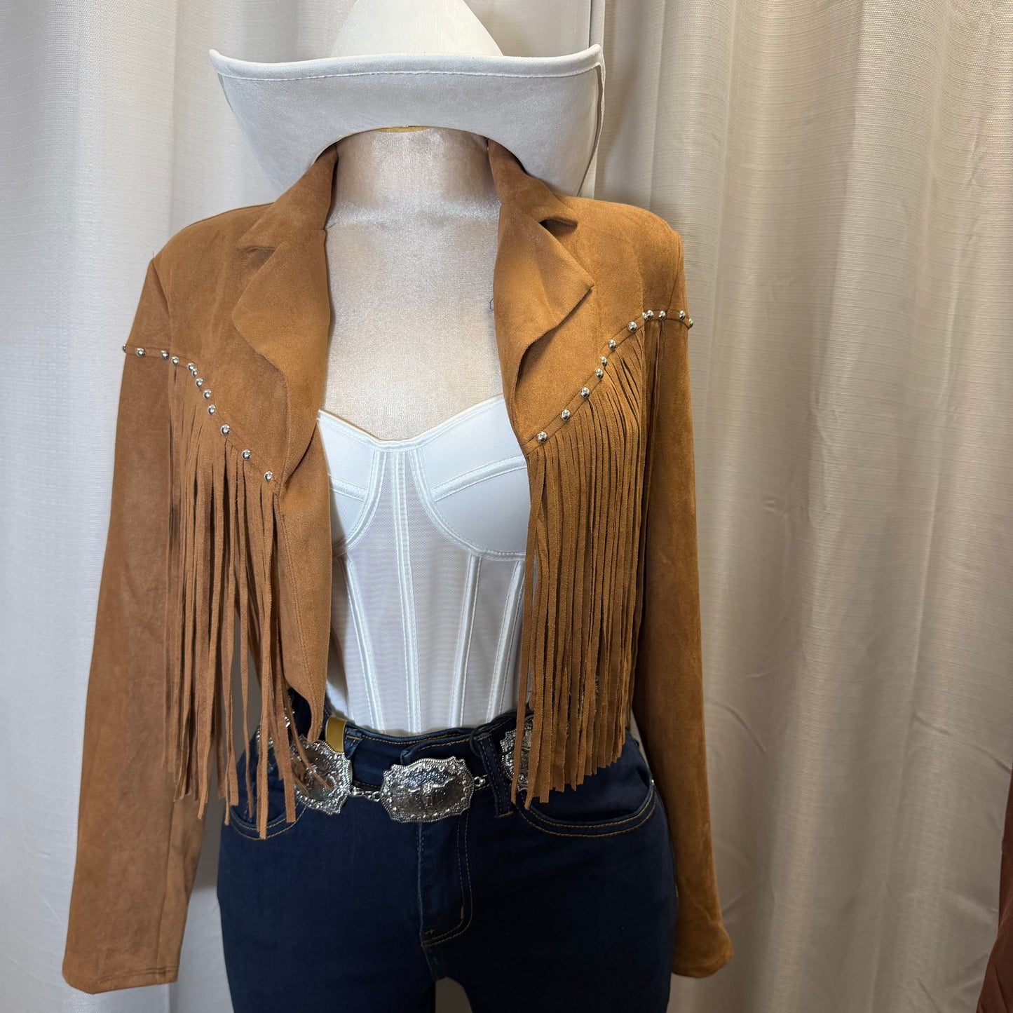Suede Fringe Stud Jacket-Caramel
