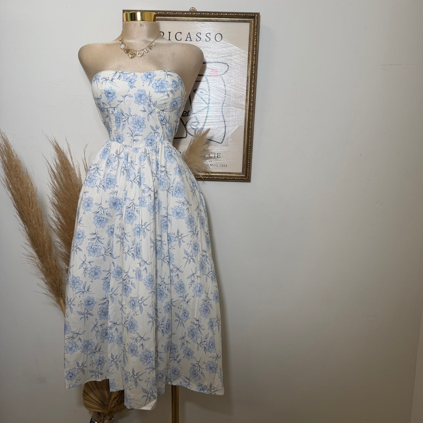 Tube Midi Dress with  Blue Flower-Blue