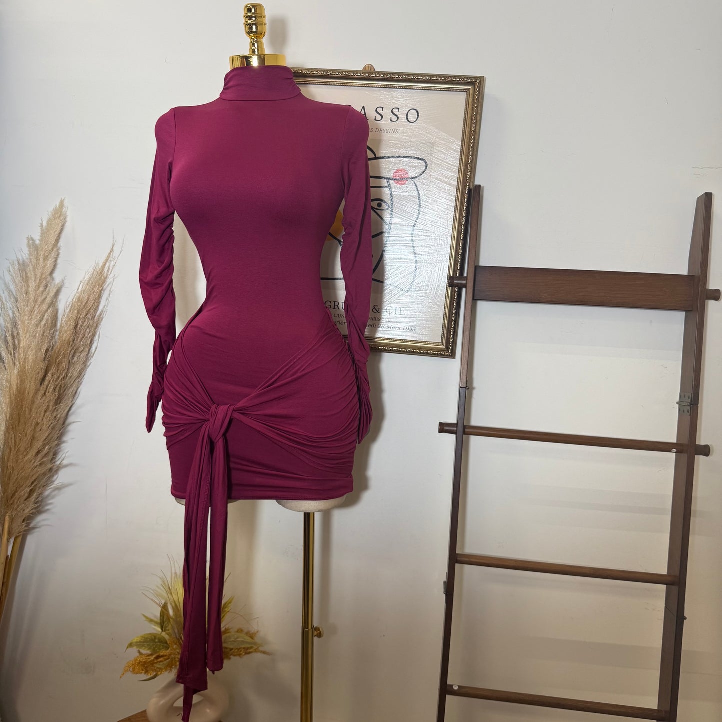 Long Sleeve Front Tie Mini Dress-Burgundy