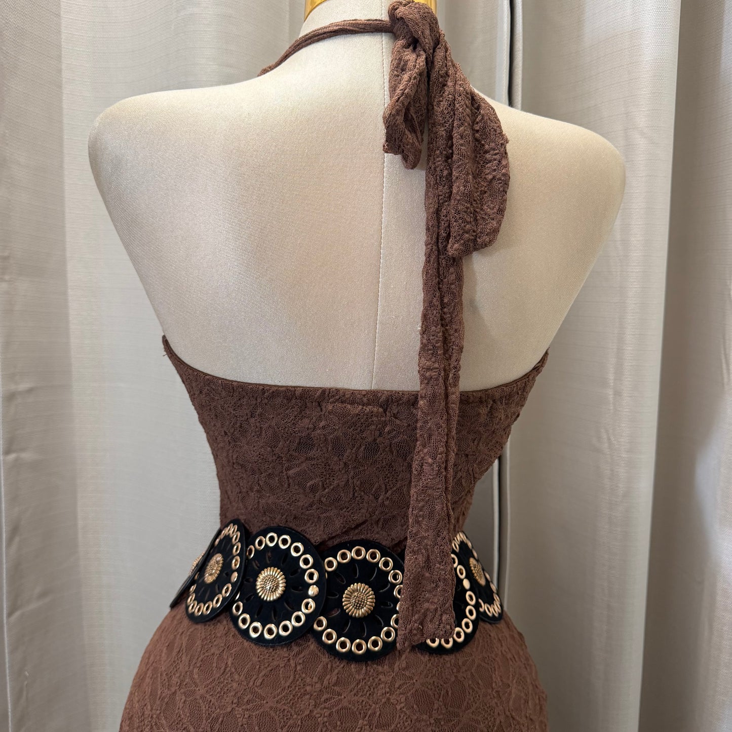 Halter Lace Midi Dress-Brown