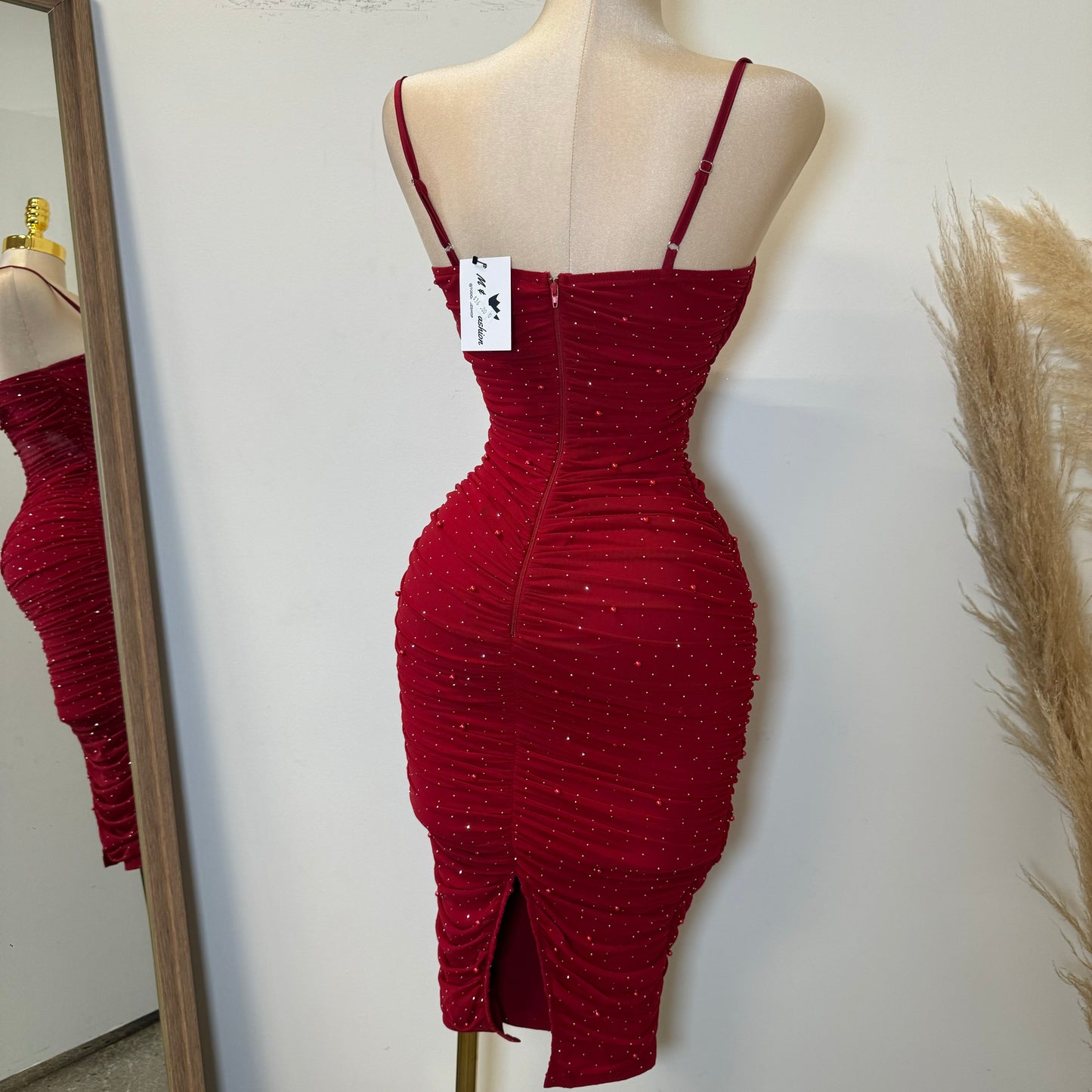 Capri Rhinestone Midi Dress-Red