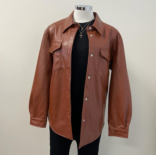 Jayla Button Down Leather Jacket PL-Brown