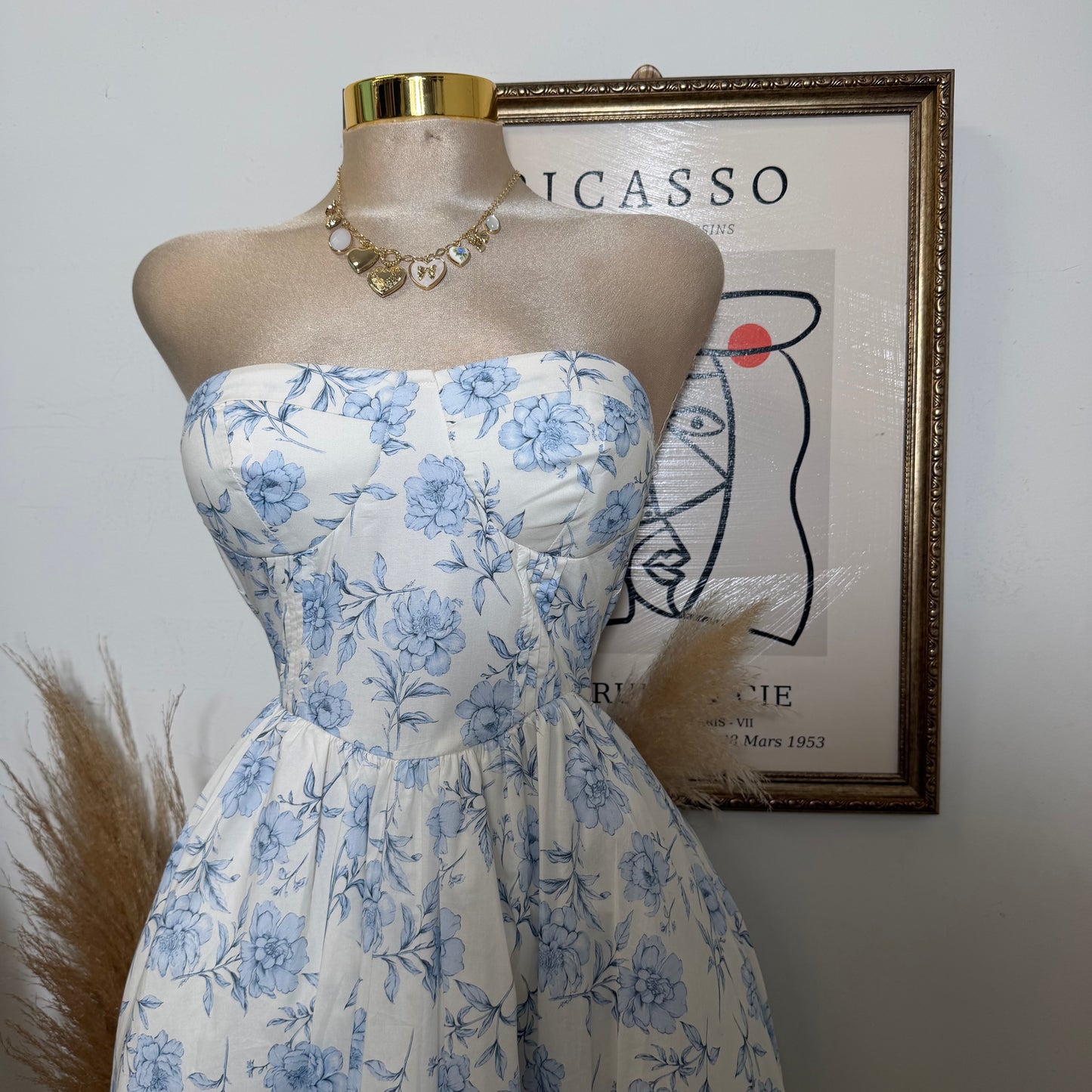 Tube Midi Dress with  Blue Flower-Blue