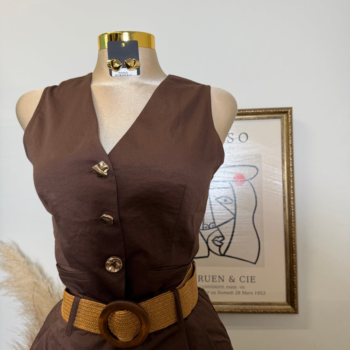 Linen Vest And Belted Short-Choco