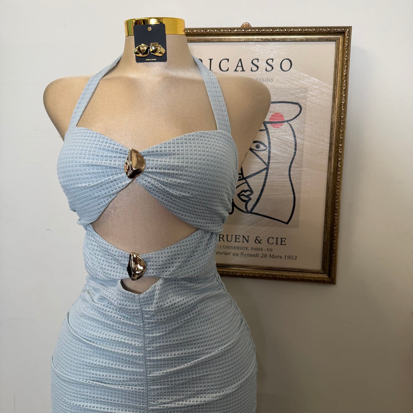 Front metal Trim Shirring with slit Midi Dress-Blue