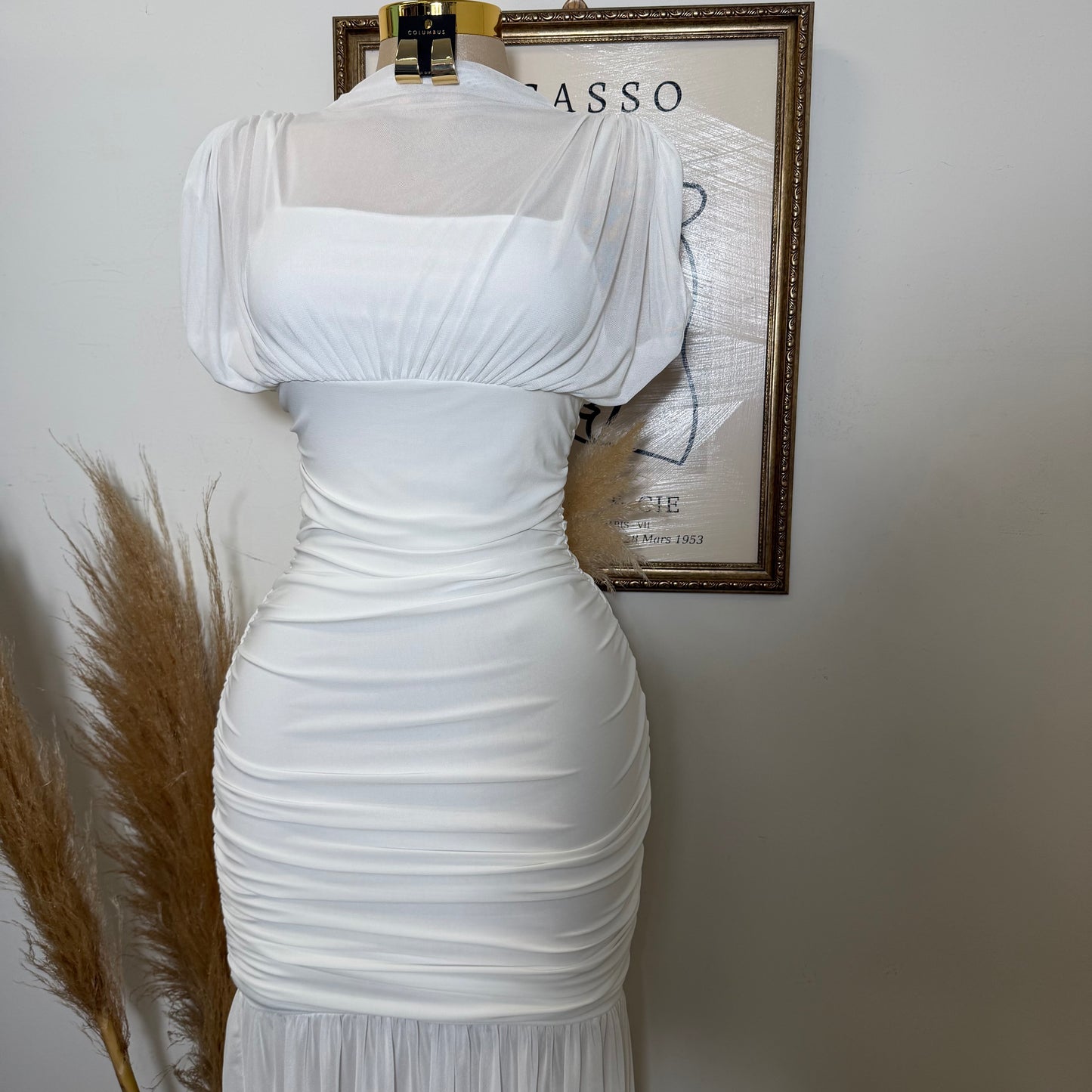 Mesh & Knit Mix Long Dress-Ivory
