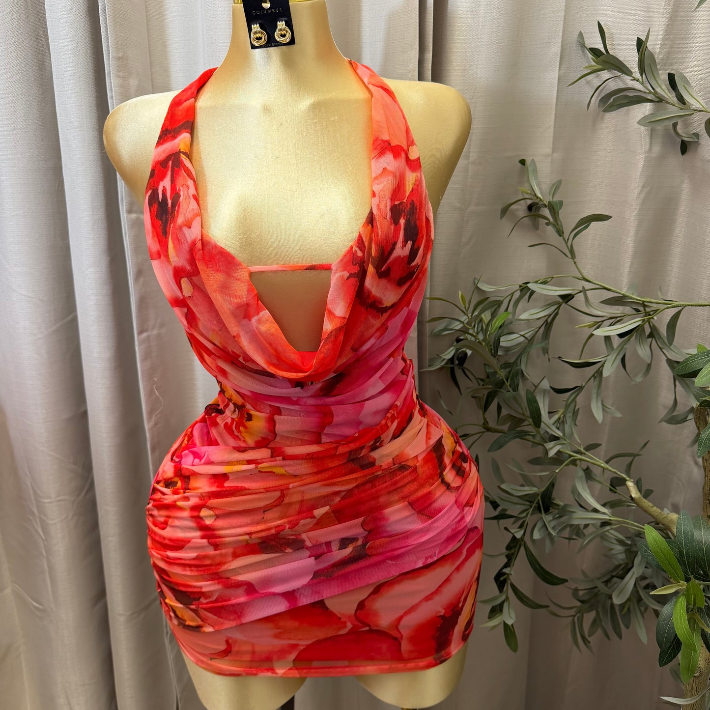 Floral Mesh Mini Dress-Red