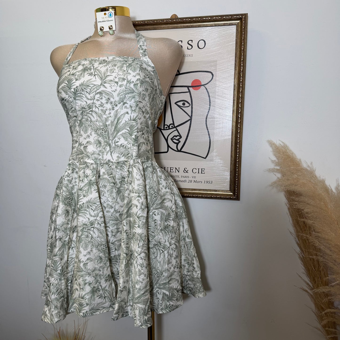 Tropical Toile Halter Mini Dress-Beige/Olive