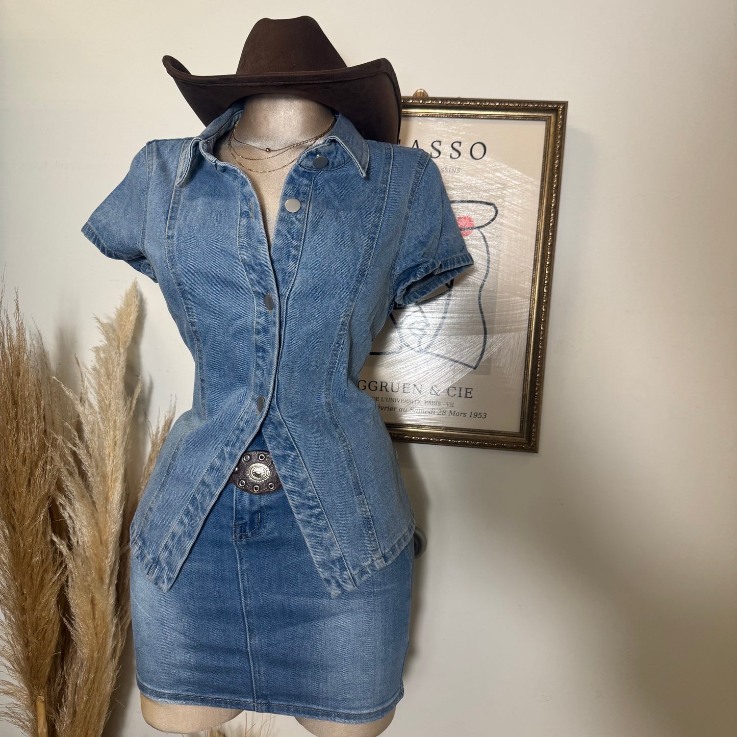 Short Sleeve Button Front Denim Top-Blue