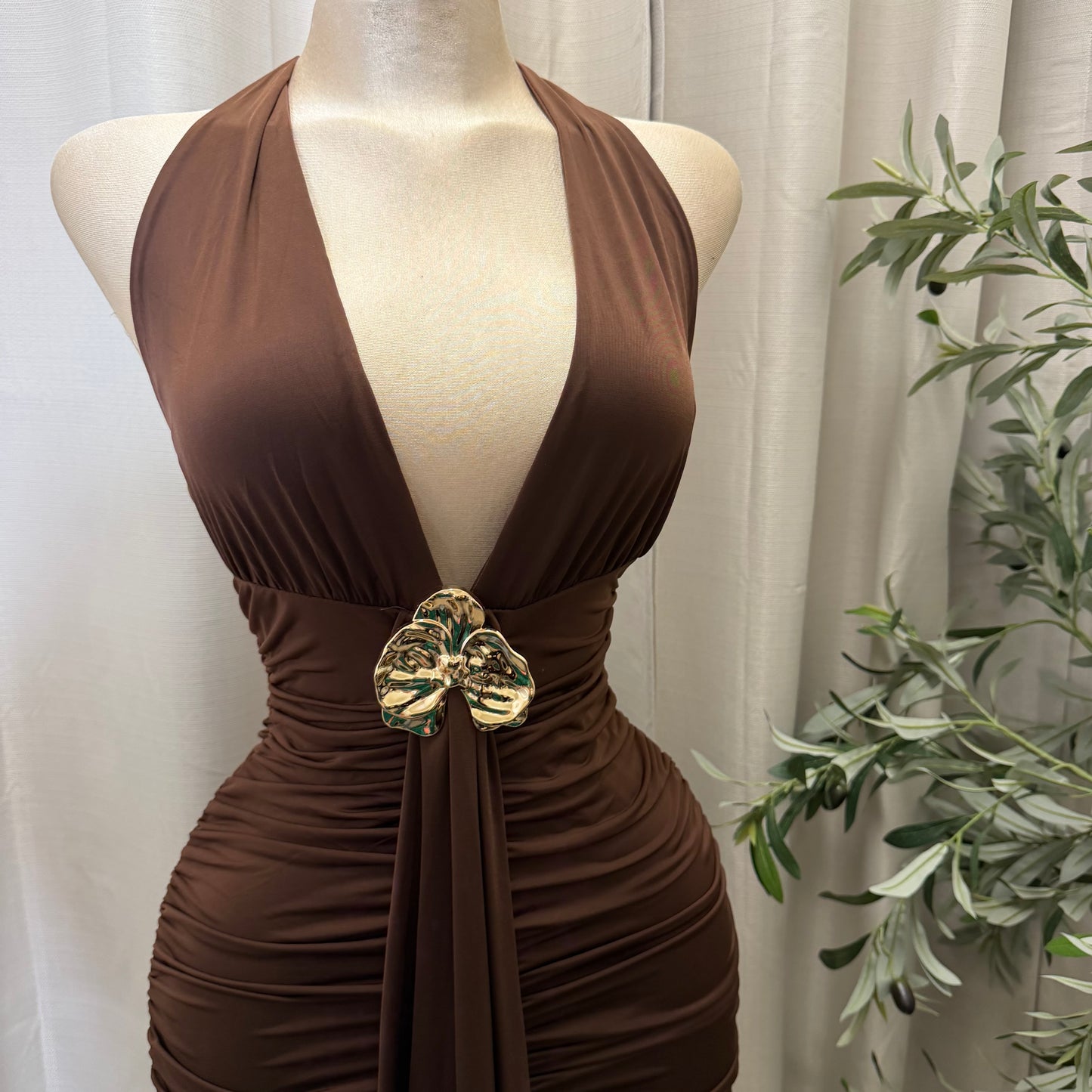 Orchid Halter Ruched front panel Mini Dress-Brown
