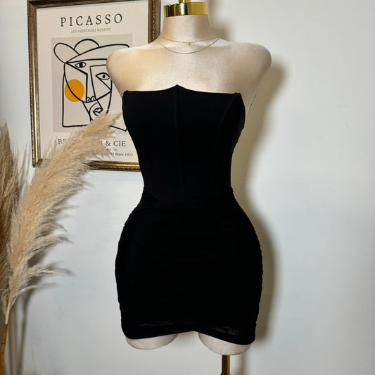 Stretch Woven Corset Detail Mesh Ruched Mini Tube Dress-Black