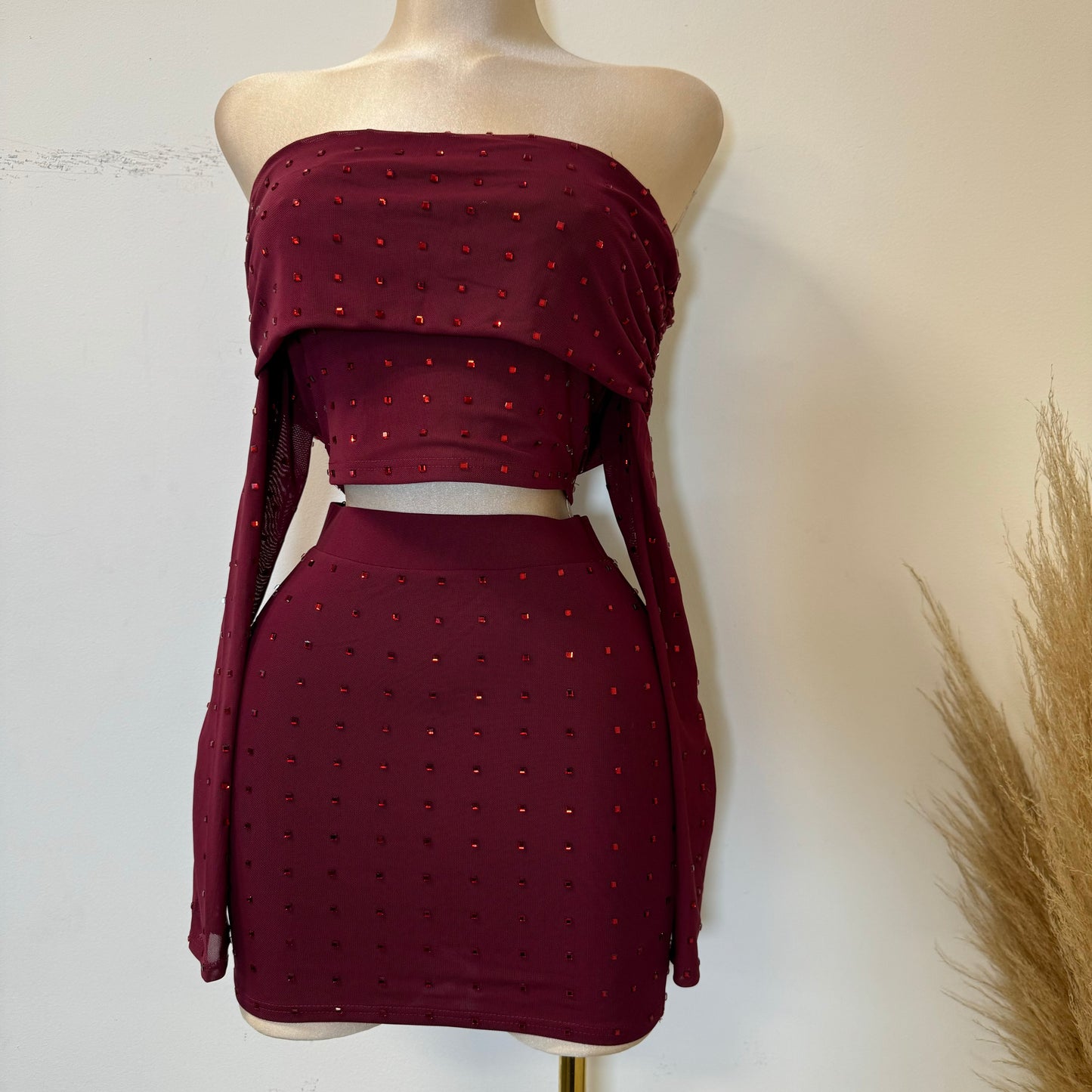 Rhinestone Skirt Set-Burgundy