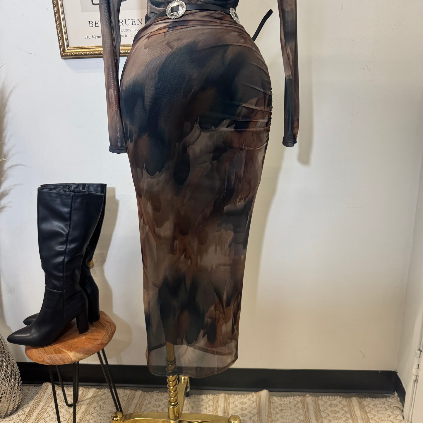 Multi Colored Mesh Maxi Dress-Brown Combo