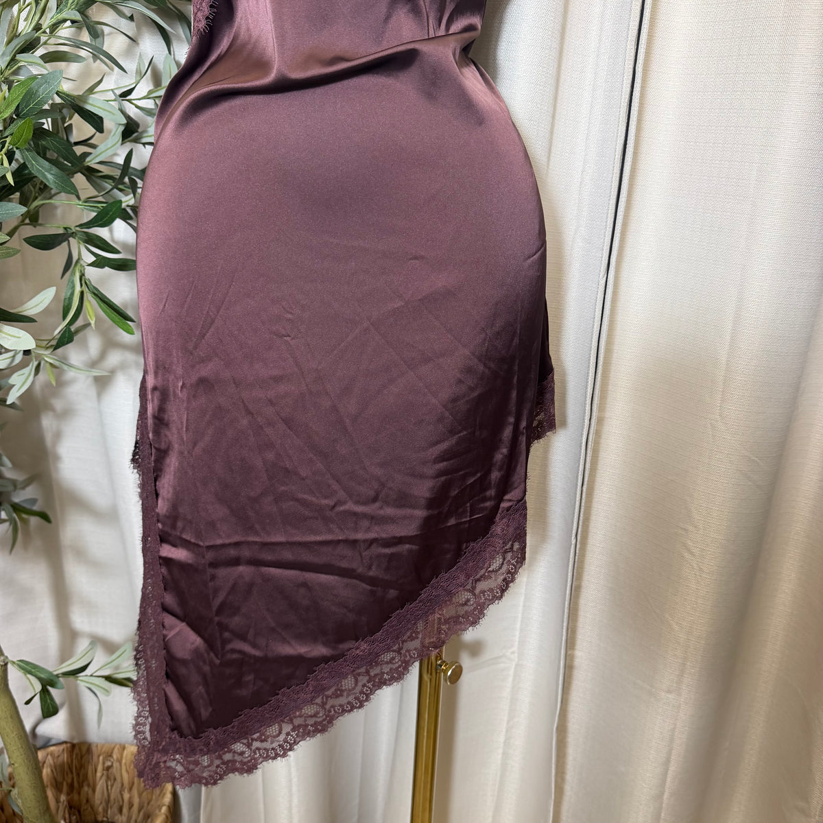 Asymmetric Satin With Lace Trim Detail Dress-Brown