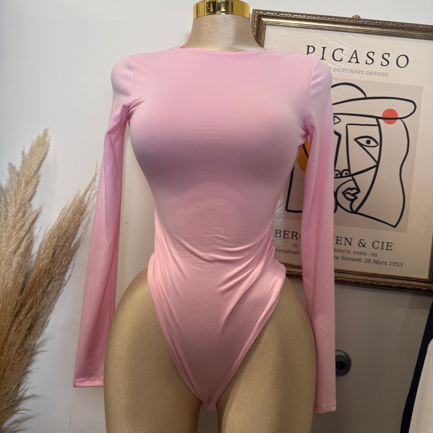 Long Sleeve Crew Neck Thong Bodysuit-Baby Pink
