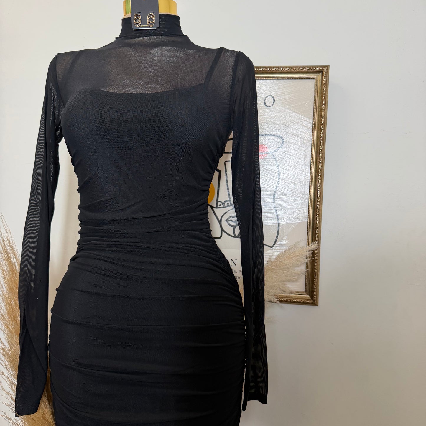 Solid Mesh Mock Neck Midi Long Sleeve Dress-Black