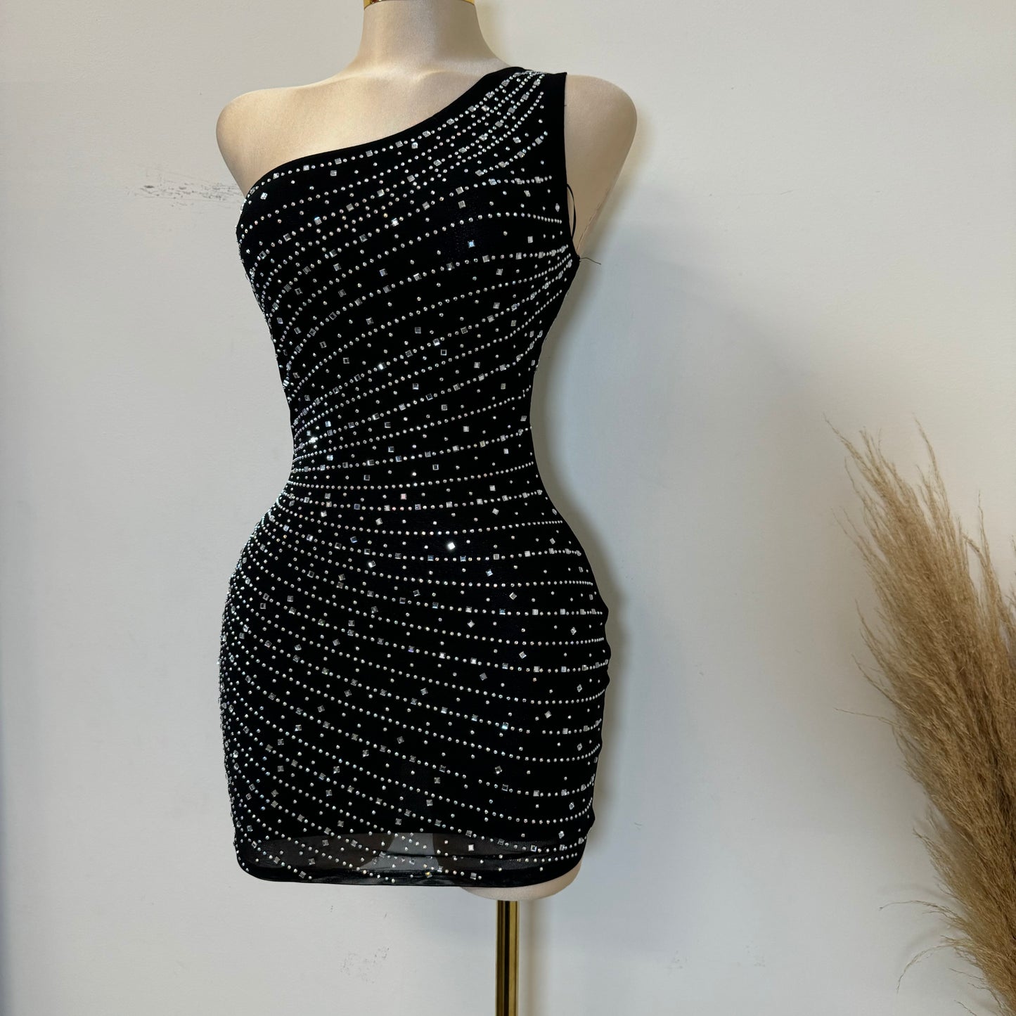 One Shoulder Rhinestone Dress-Black