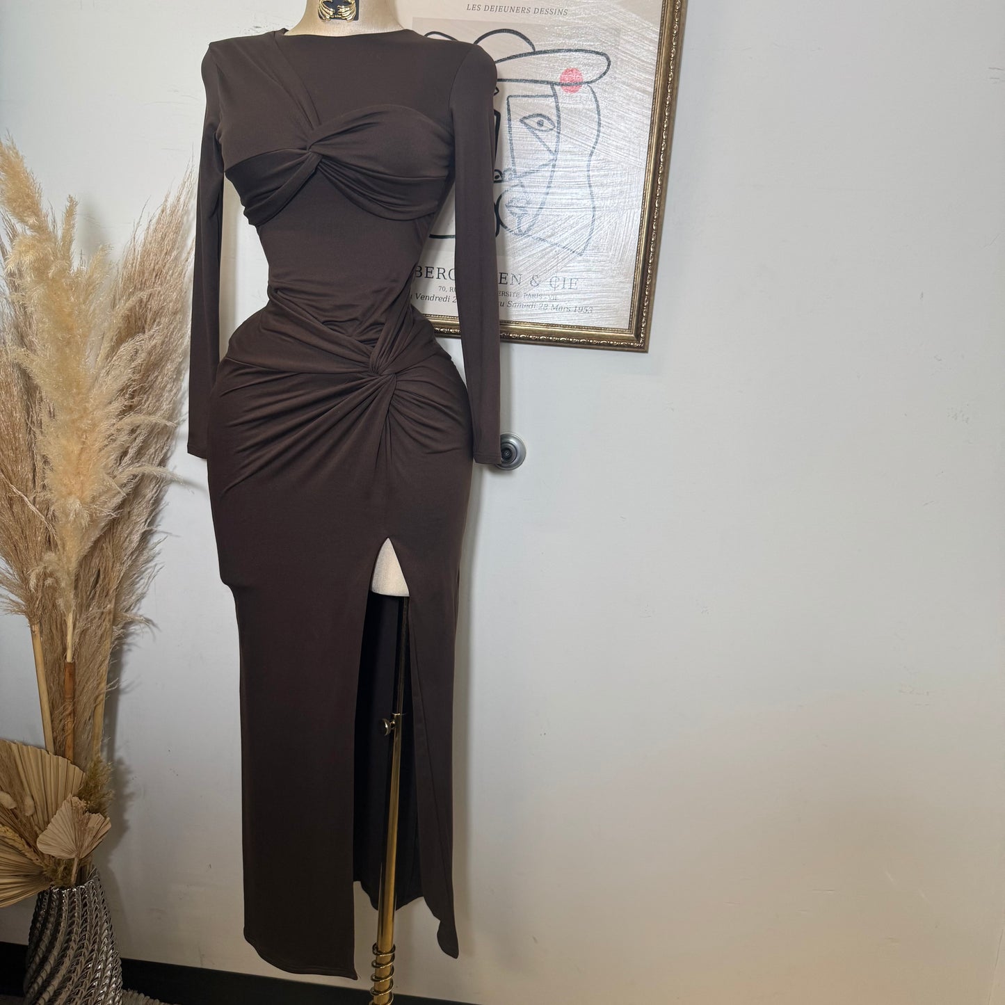 Long sleeve Soft Material Dress-Brown