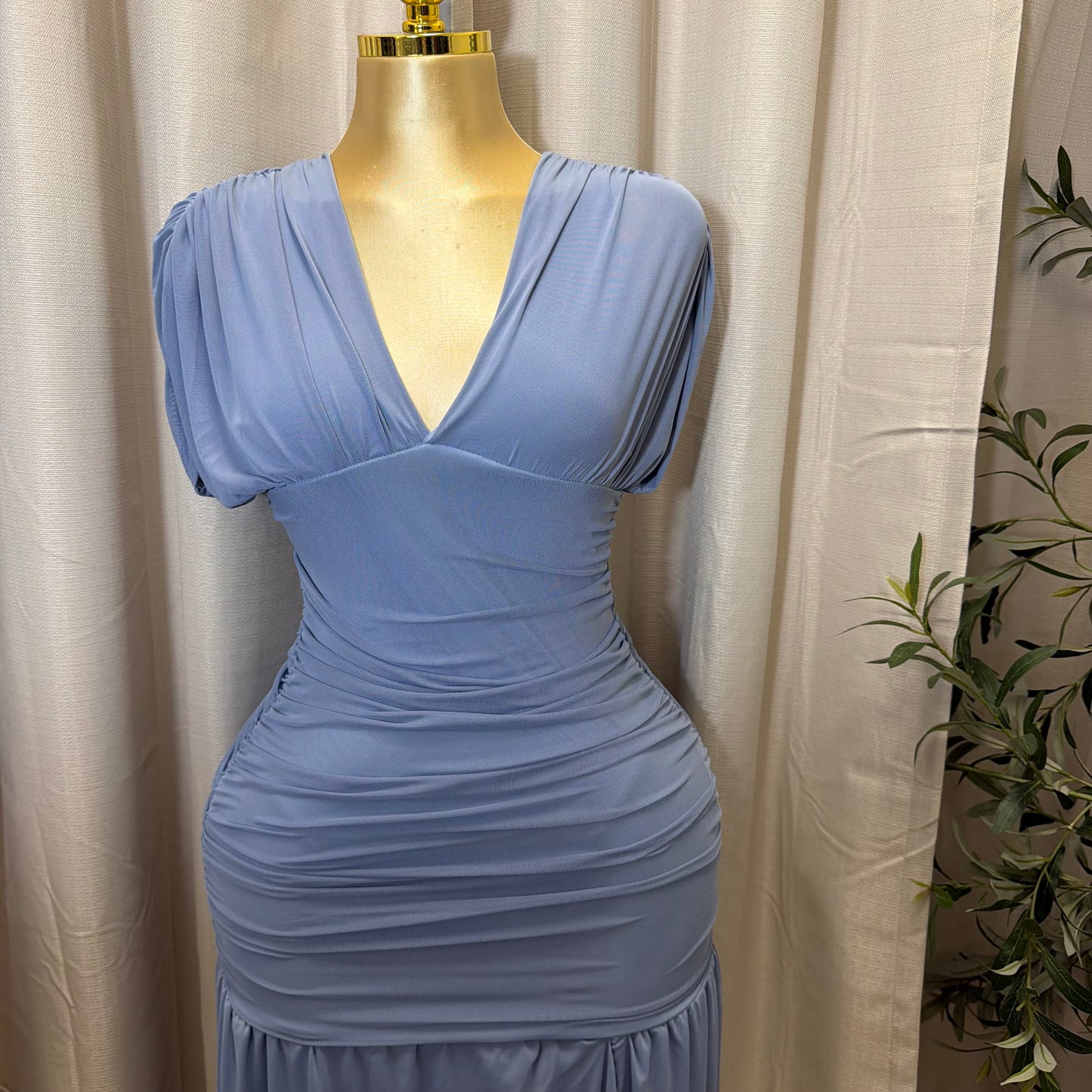 V Neck Mesh Maxi Dress-baby blue