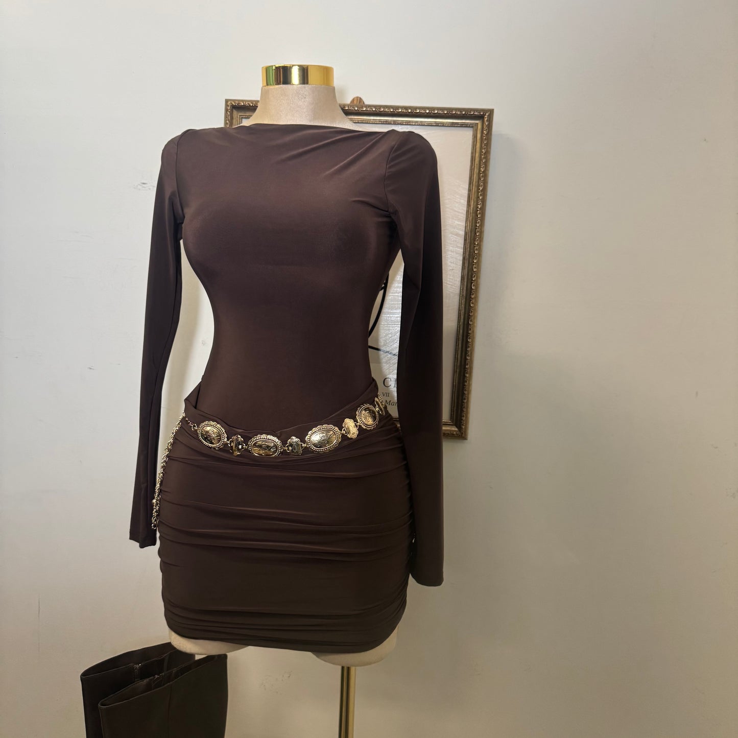 Long Sleeve Ruched Mini Dress-Brown