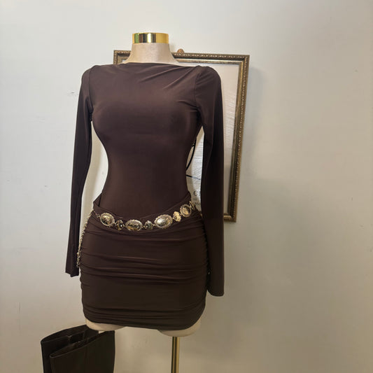 Long Sleeve Ruched Mini Dress-Brown