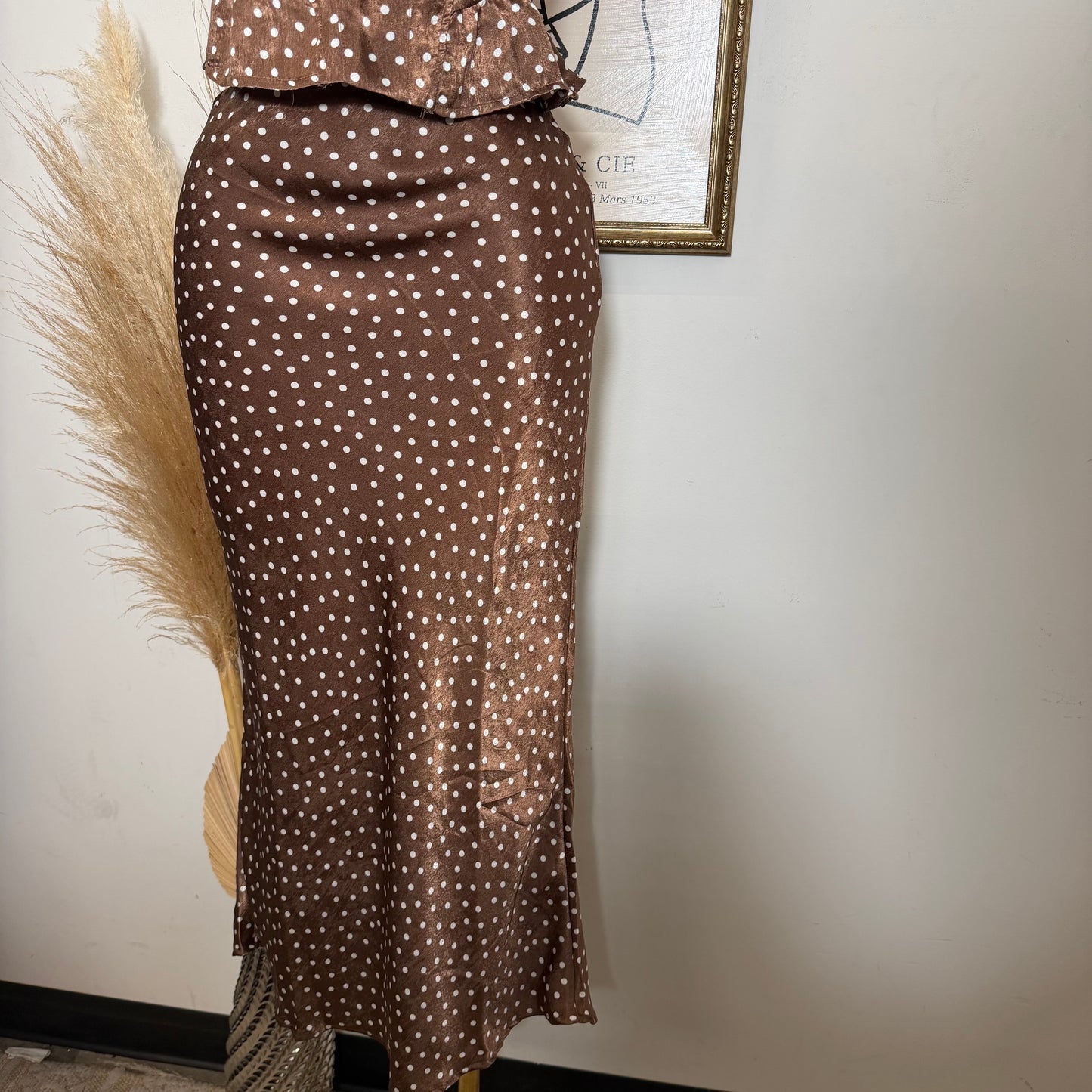 Satin Polka Dot Top and Skirt Set-Brown