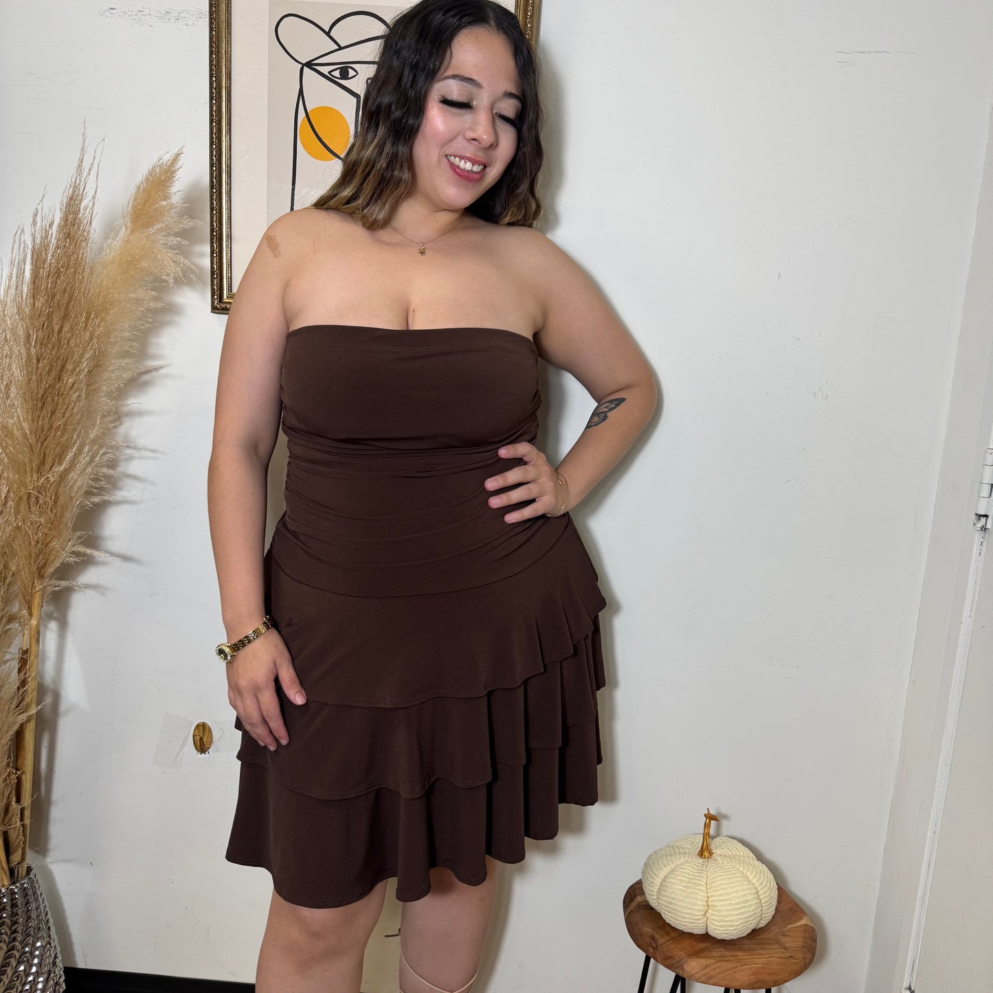 Ruffle Tube Dress-Brown