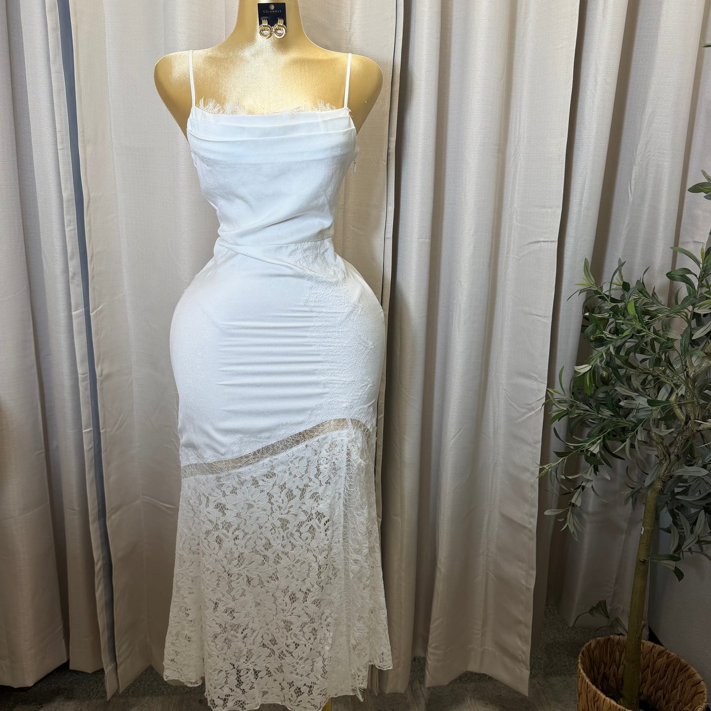 LACE DETAIL SATIN MIDI DRESS-White