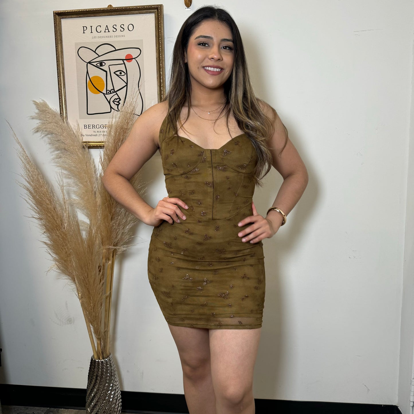 Metallic Mesh Print Halter Neck corset Dress-Olive