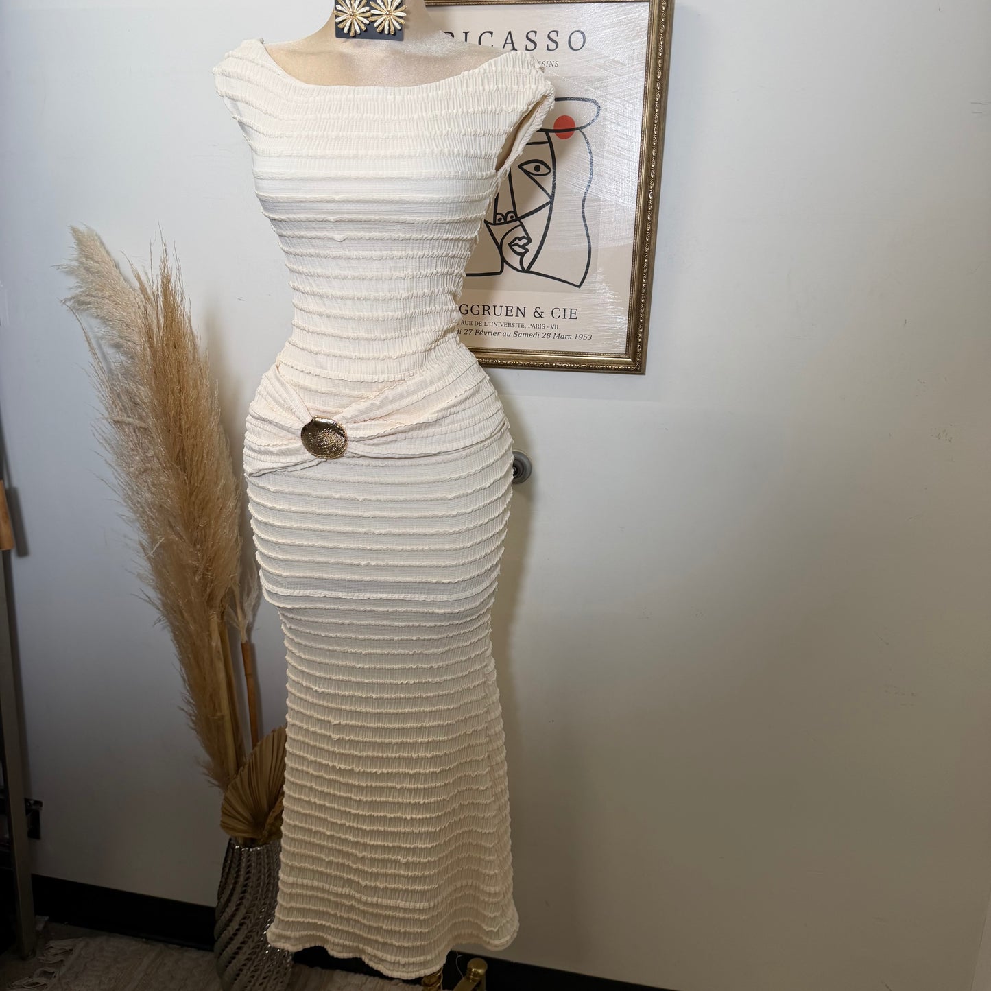 Textured Solid Off shoulder Maxi dress-Cream