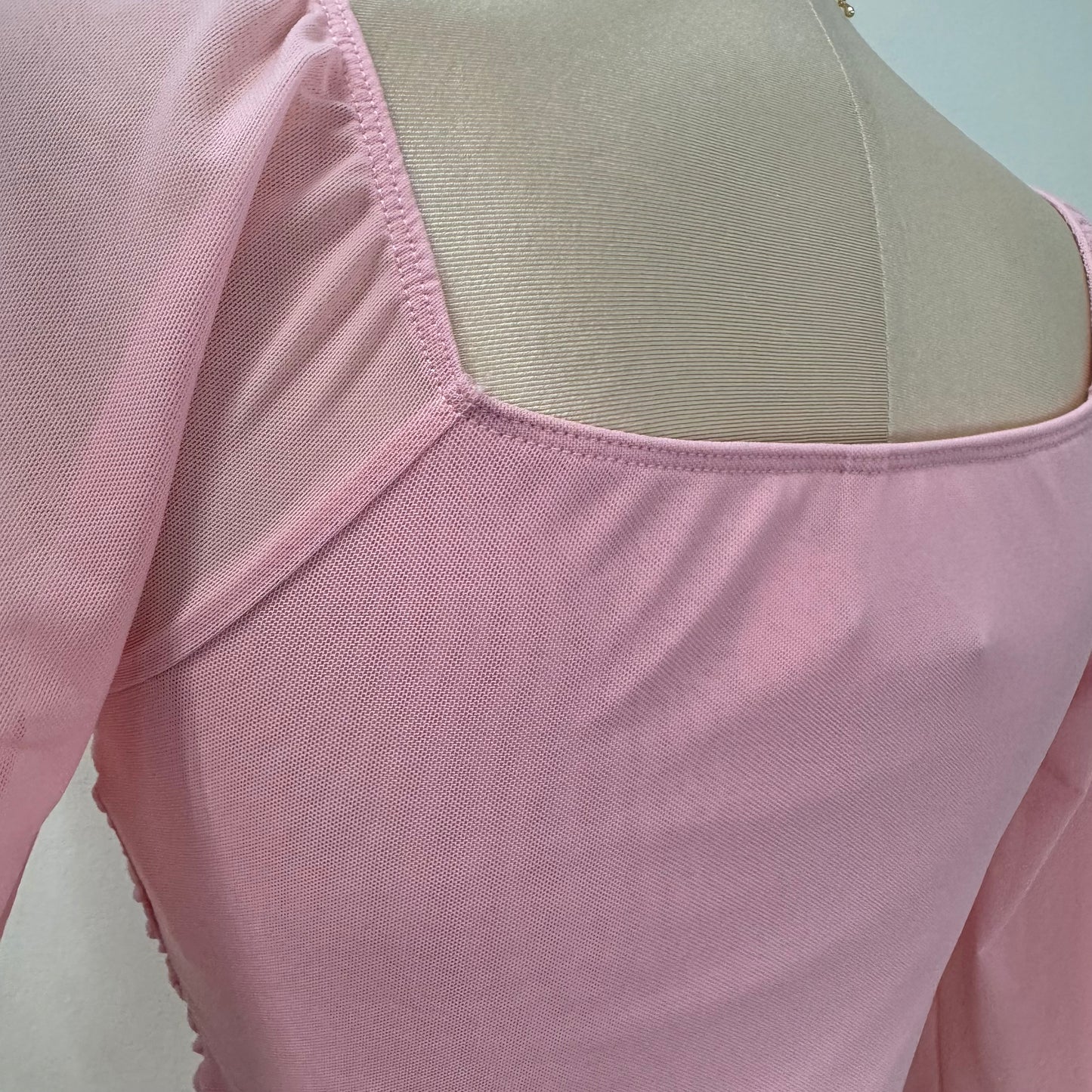 Mesh Long Sleeve Padded Bust Top-Pink