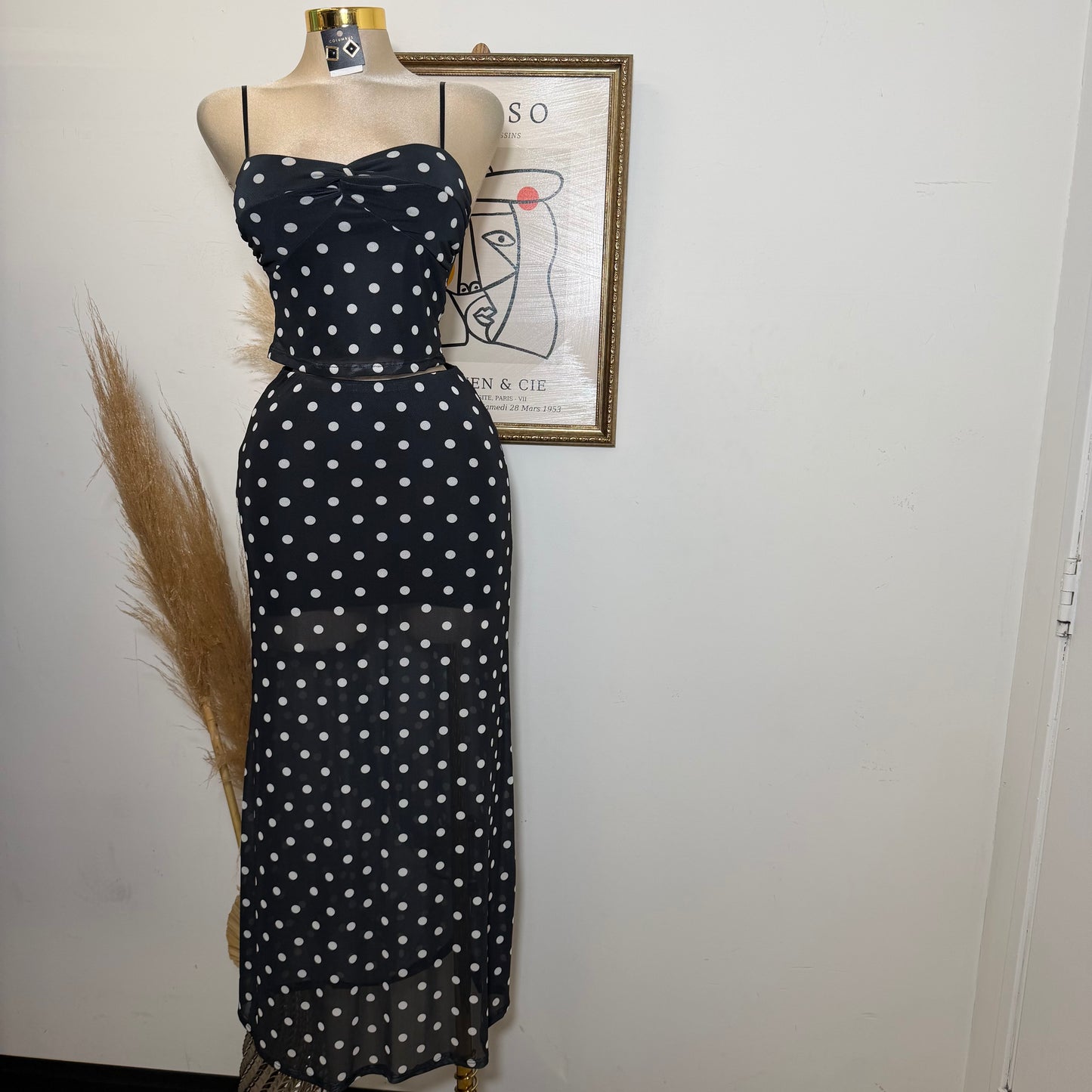 Polka DoT Mesh Print Twist Cami Top & Slit Maxi Skirt-White/Black