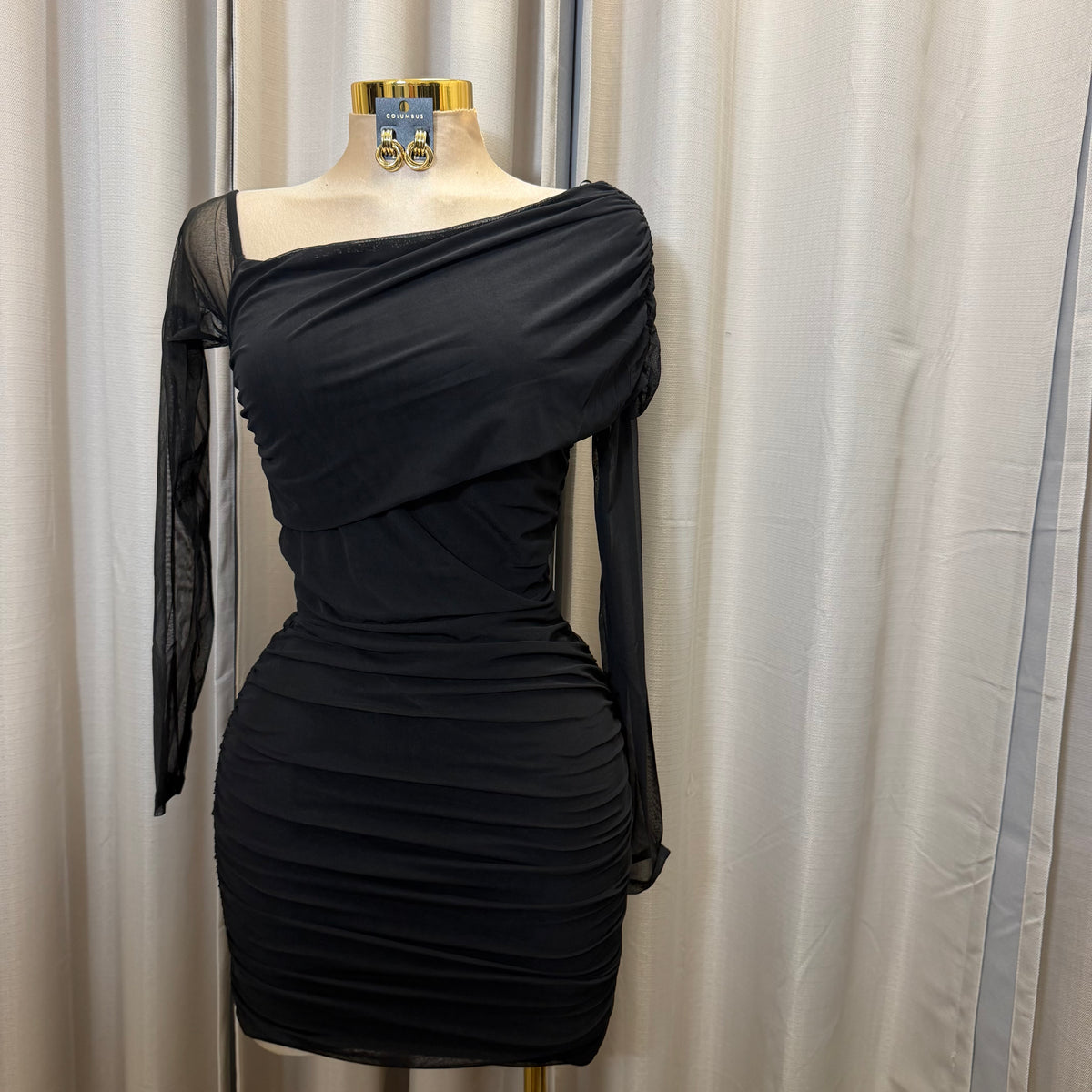 SHEERE MESH ASSYMMETRIC SHOULDER BODYCON MINI DRESS-Black
