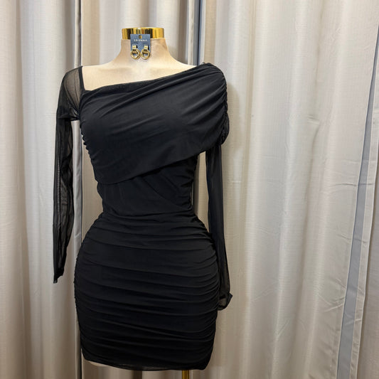SHEERE MESH ASSYMMETRIC SHOULDER BODYCON MINI DRESS-Black