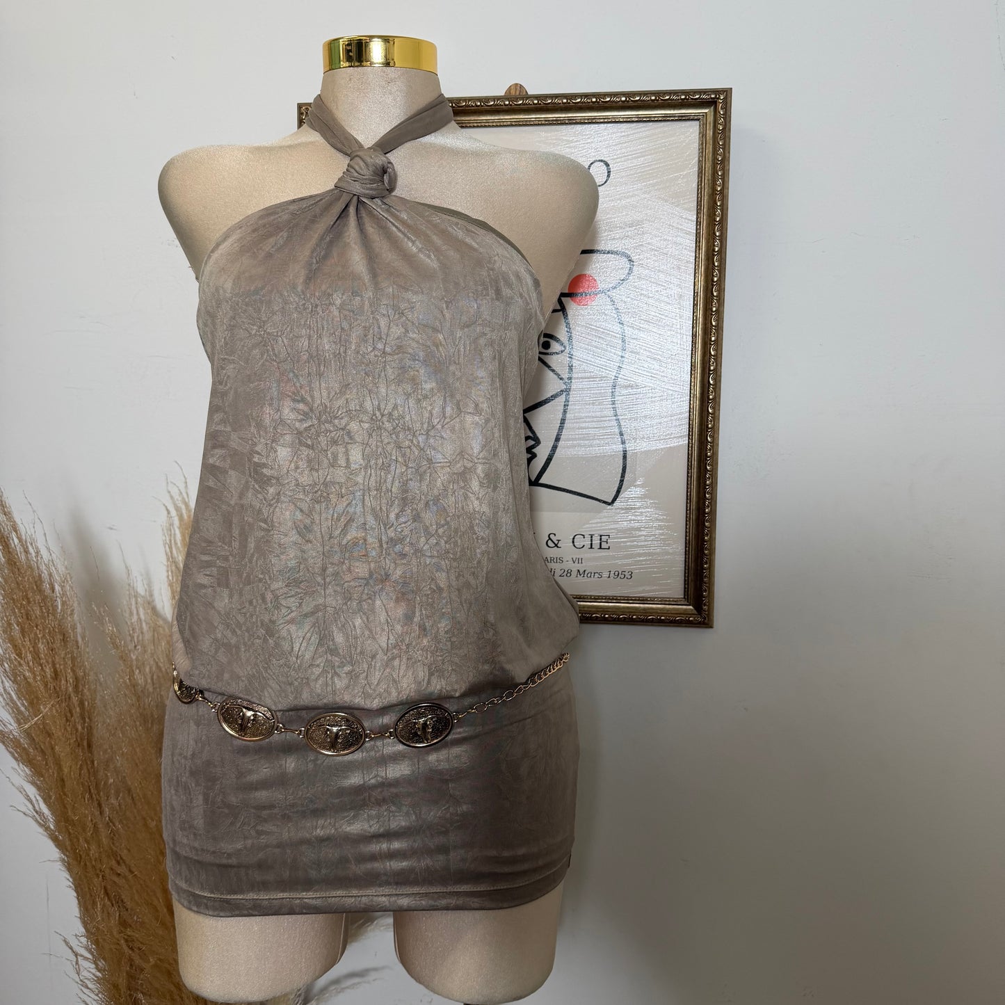 Knot Halter Blouson Bodycon Mini Dress-Mud